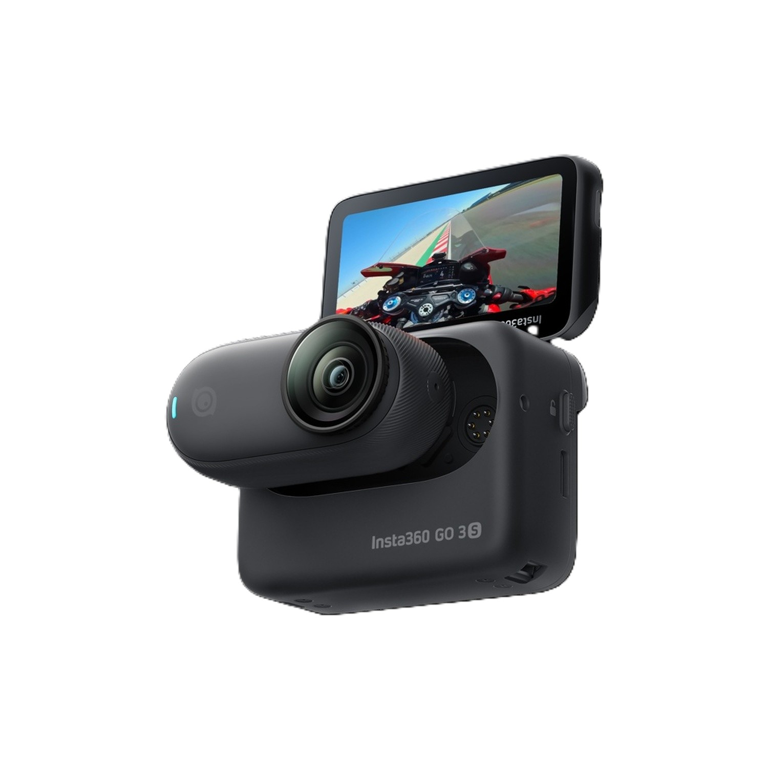 Piccola fotocamera nera con schermo apribile che mostra una gara di moto.