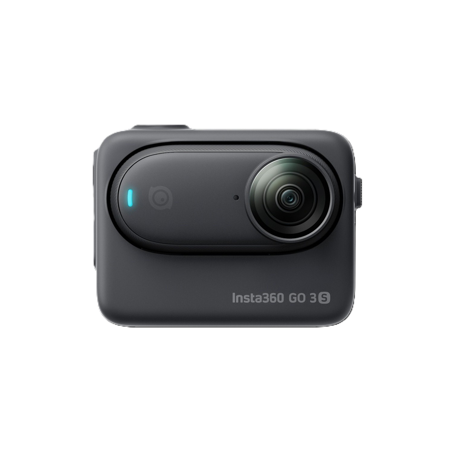 Una action cam Insta360 GO 3S nera con spia blu e obiettivo.
