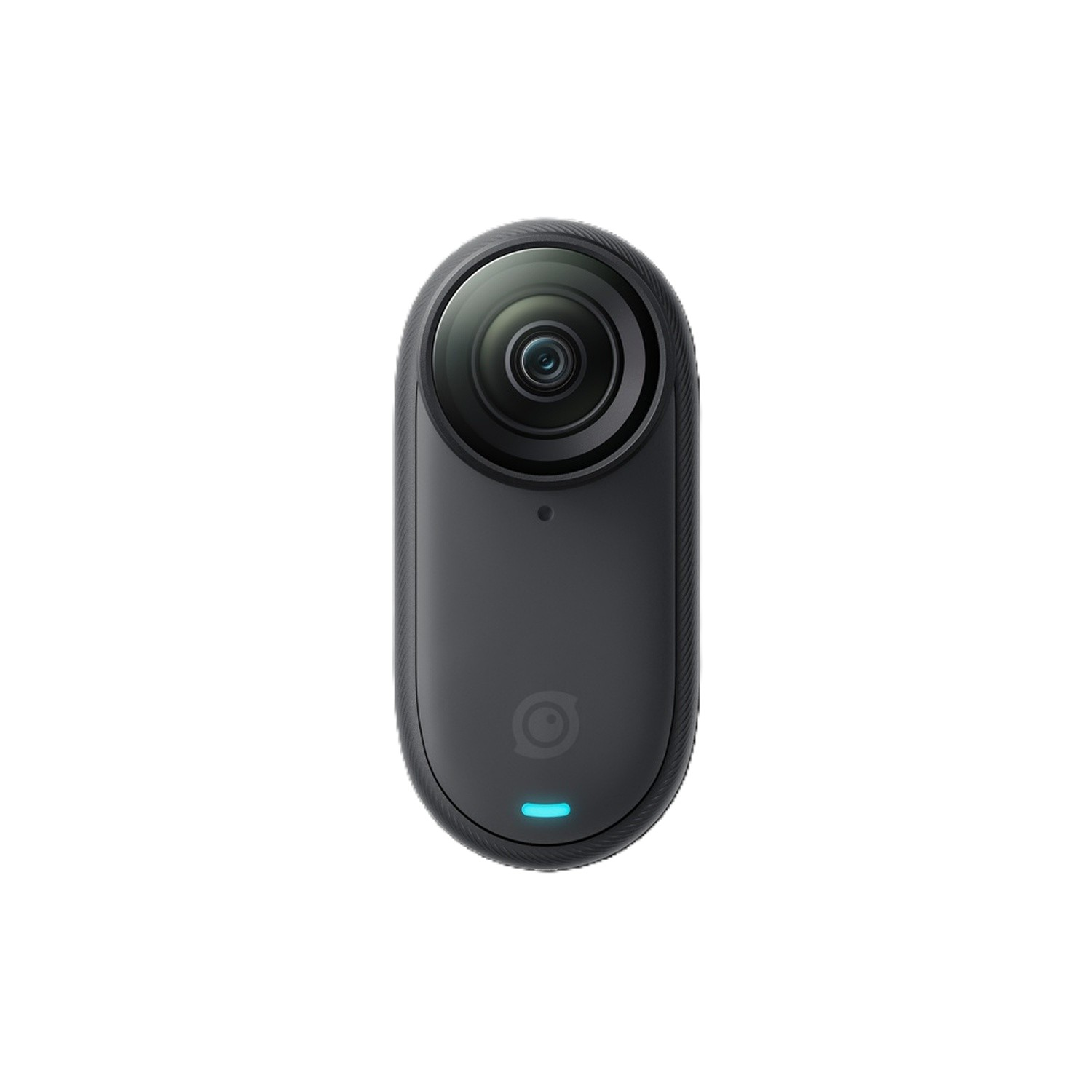 Una fotocamera 360 nera con un obiettivo e una spia blu.