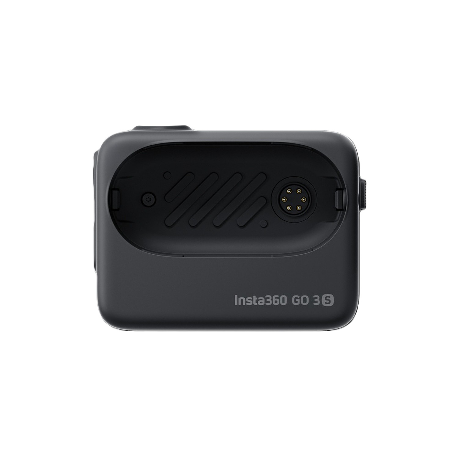 Custodia nera Insta360 GO 3S con porta di ricarica e logo.