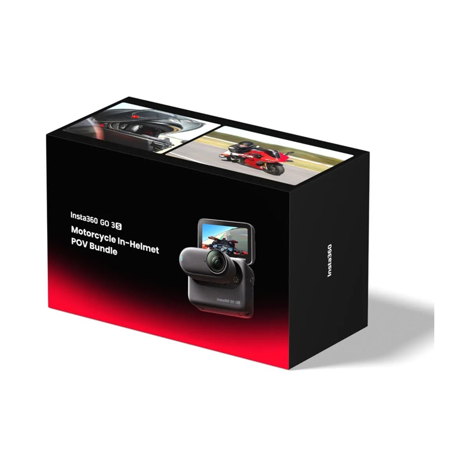 Scatola Insta360 GO 3 Motorcycle POV Bundle con fotocamera, casco e moto rossa.
