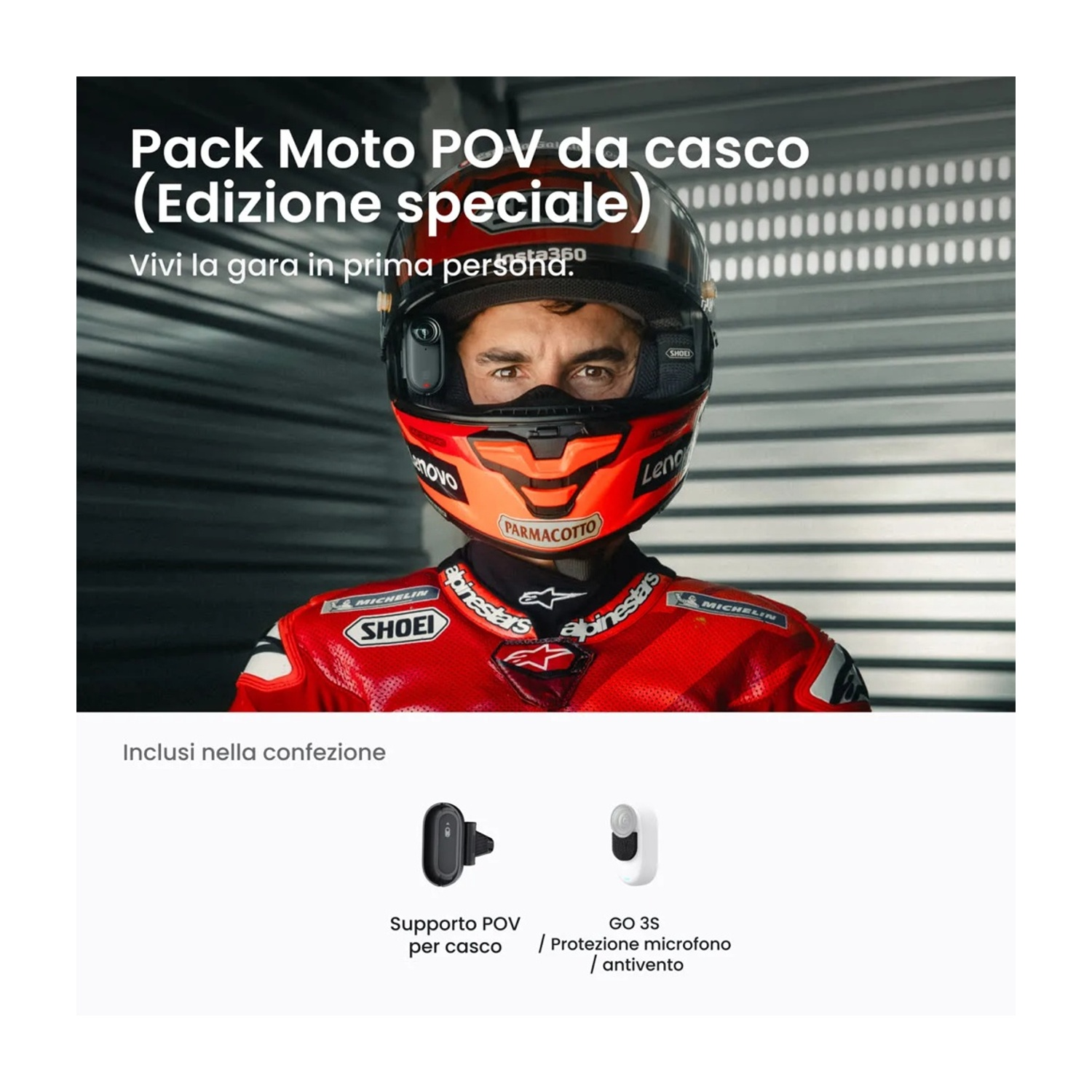 Pack casco POV moto con pilota in tuta rossa e accessori.