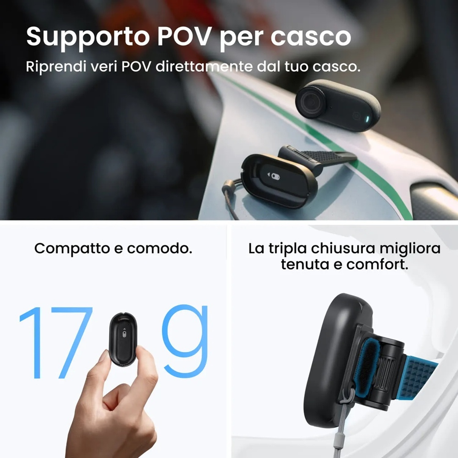 Supporto POV per casco con videocamera e accessori, 17g.