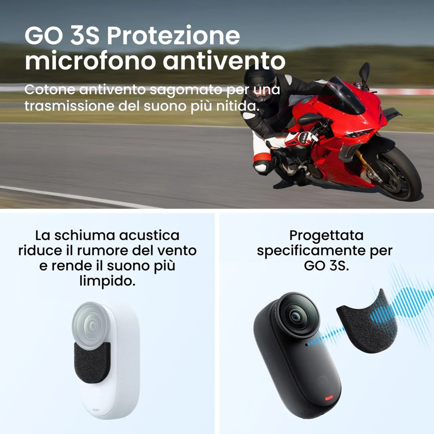 Motociclista su moto rossa con protezione vento GO 3S per suono chiaro.
