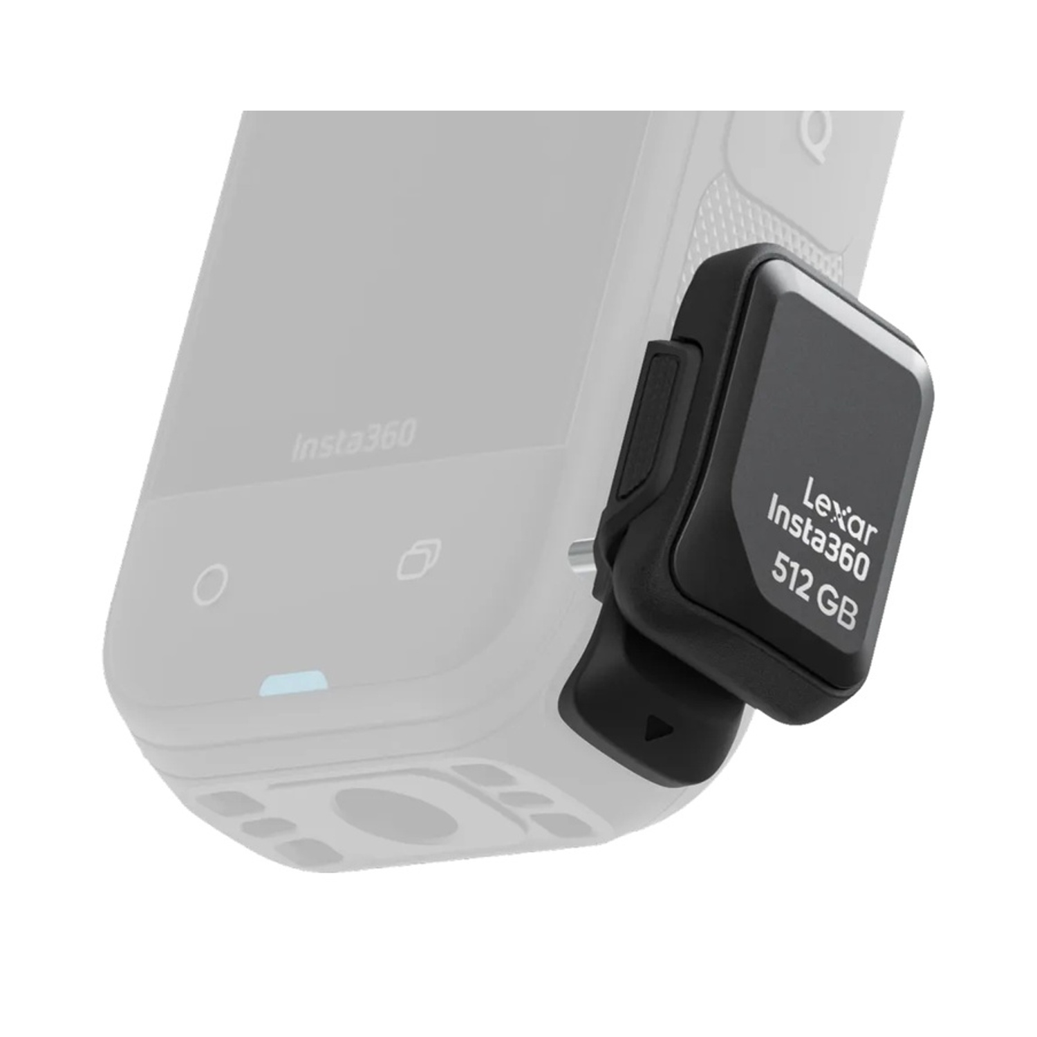 Scheda di memoria Lexar 512 GB Insta360 nera attaccata a una fotocamera bianca.