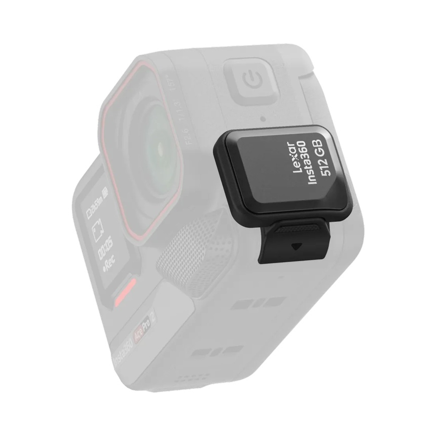 Modulo di archiviazione Lexar Insta360 da 512 GB su una fotocamera.