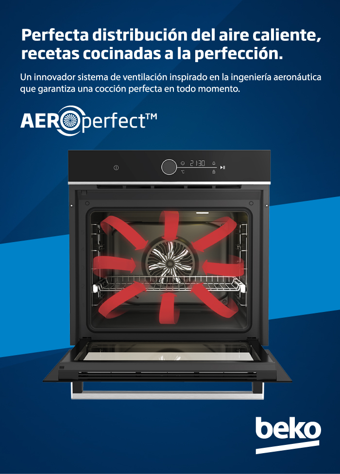 Un horno moderno con puerta abierta, mostrando flechas rojas que indican circulación de aire.