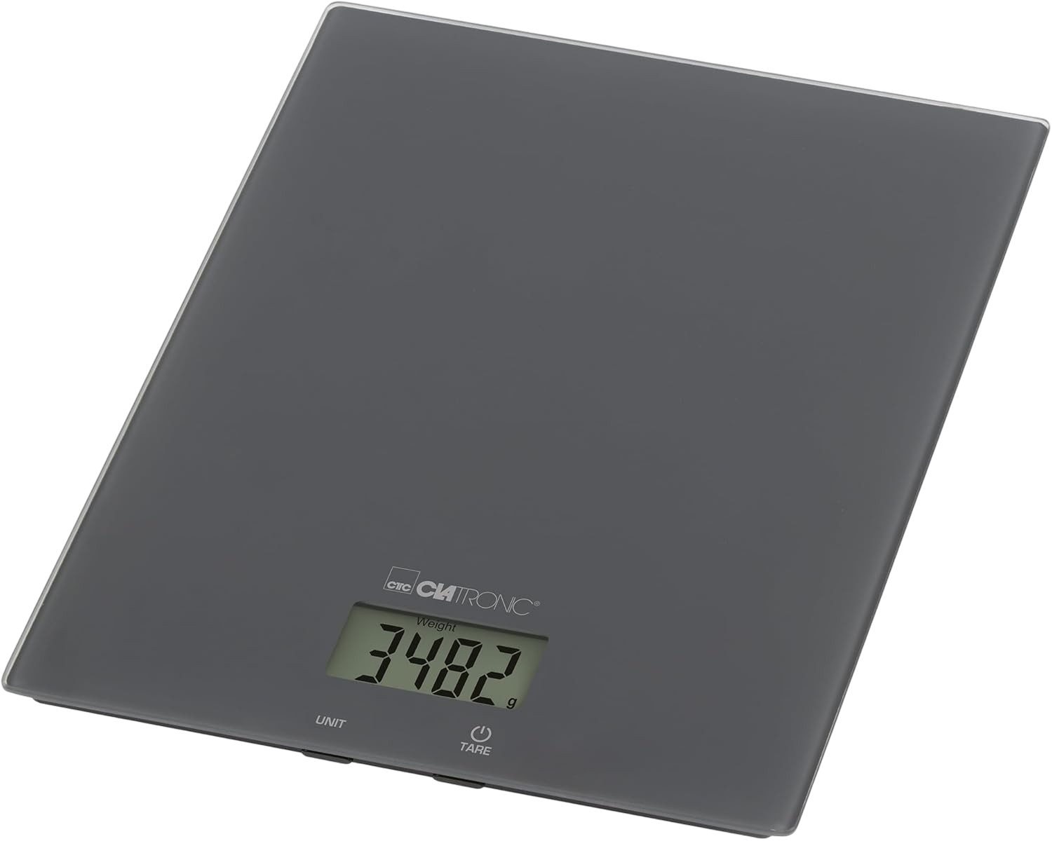 Graue digitale Küchenwaage mit beleuchtetem Display, zeigt 3482g.