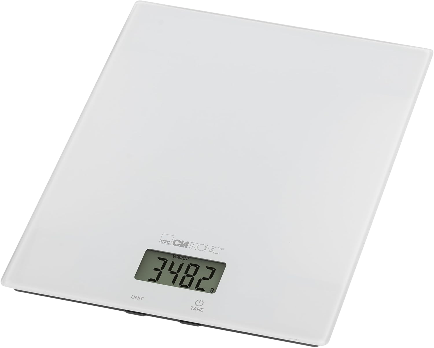 Weiße digitale Küchenwaage mit schwarzem Display, zeigt 348.2 g an.