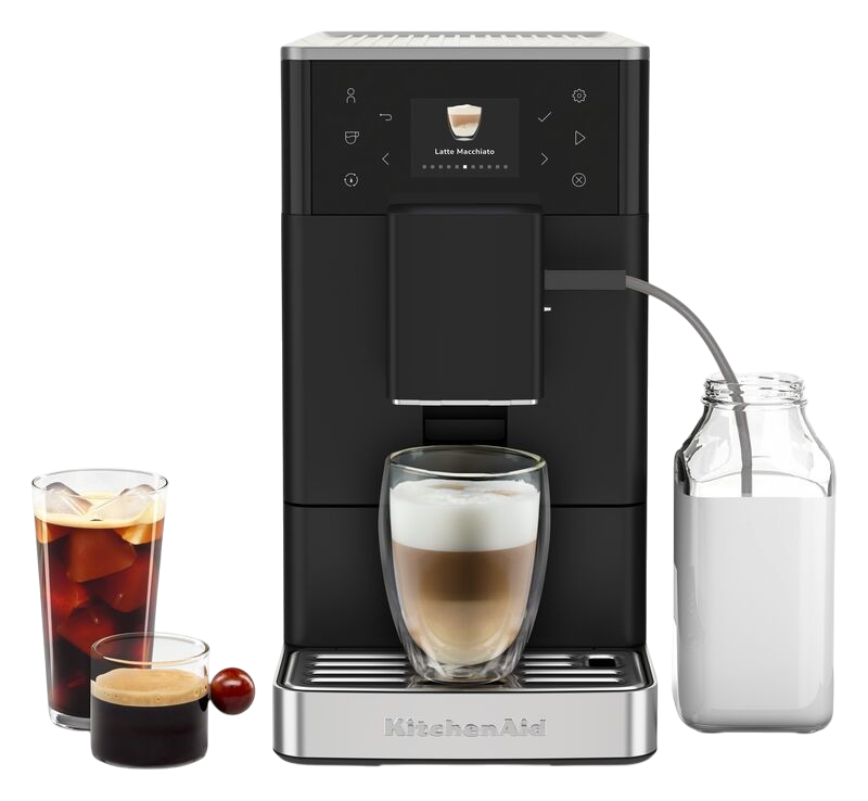 Eine schwarze Kaffeemaschine mit einem Latte Macchiato, Eiskaffee und Espresso daneben.