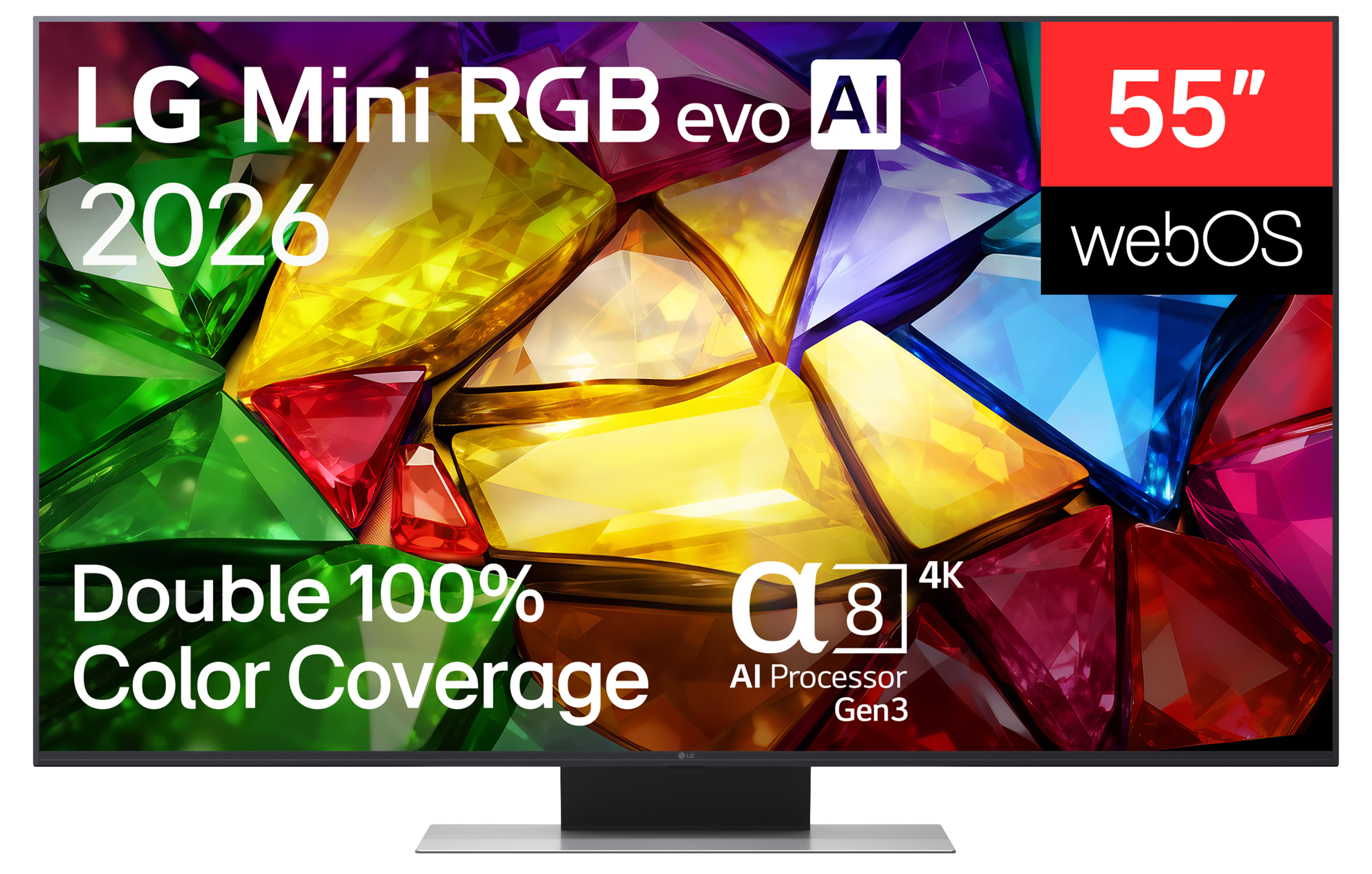 Ein 55-Zoll-LG-Fernseher mit Mini-RGB-evo-KI-Technologie, 2026-Modell, 4K, WebOS, KI-Prozessor Alpha 8 Gen 3.