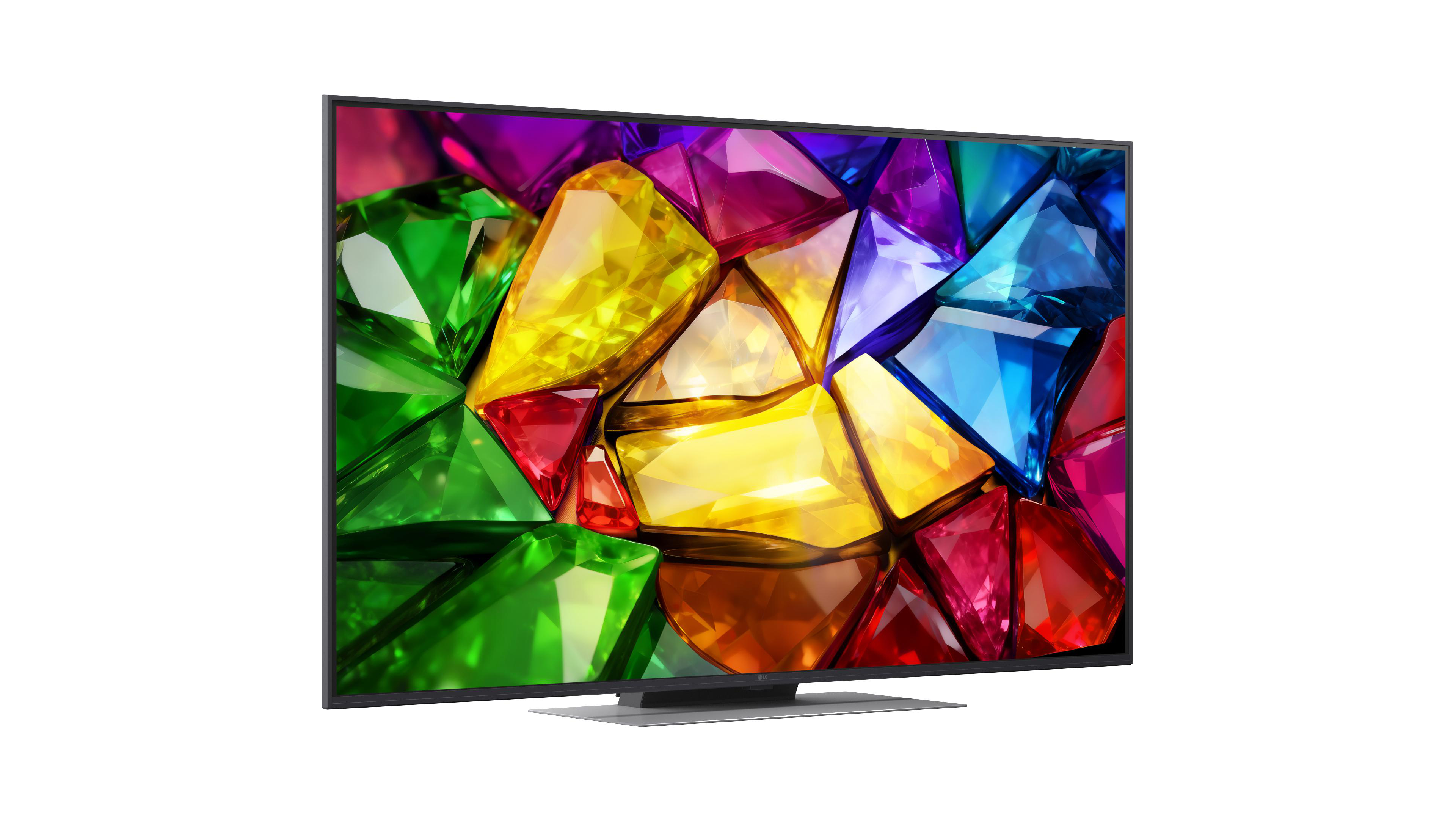 Ein moderner Fernseher zeigt bunte, facettierte Edelsteine in Nahaufnahme.