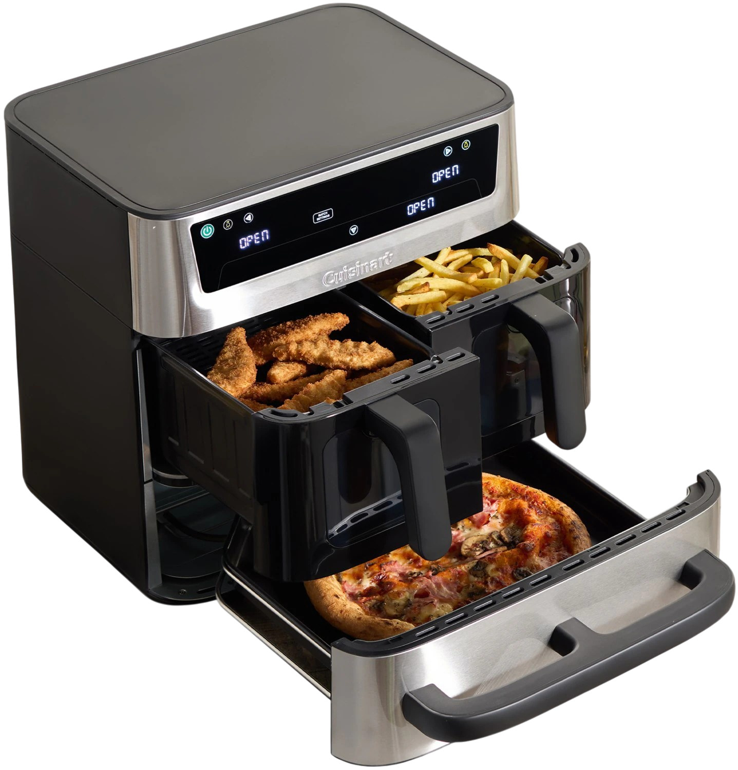 Ein schwarzer Cuisinart-Heißluftfritteuse mit zwei Schubladen, gefüllt mit Hähnchenstreifen, Pommes und Pizza.