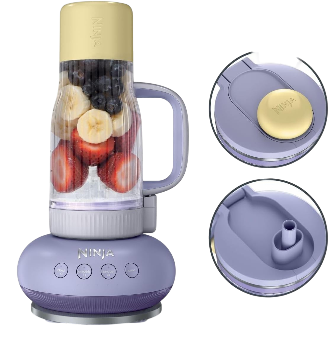Ein Ninja-Mixer mit Beeren, Bananen und Erdbeeren, mit Steuerelementen und Deckel.