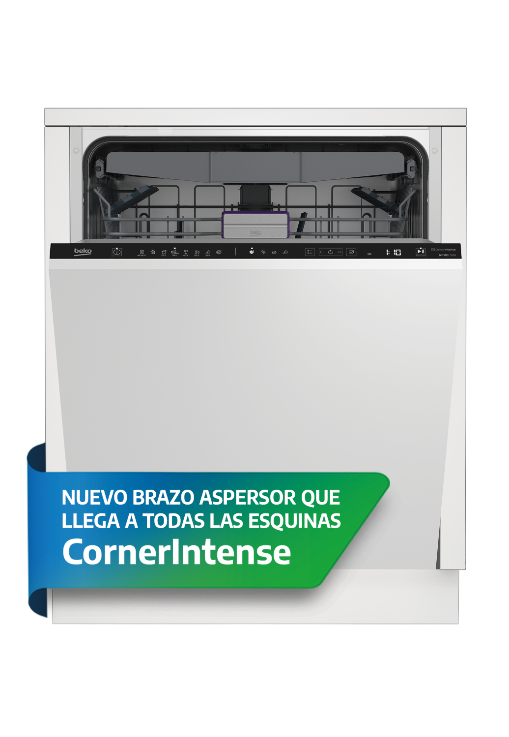 Un lavavajillas blanco abierto con panel de control y texto 'CornerIntense'.