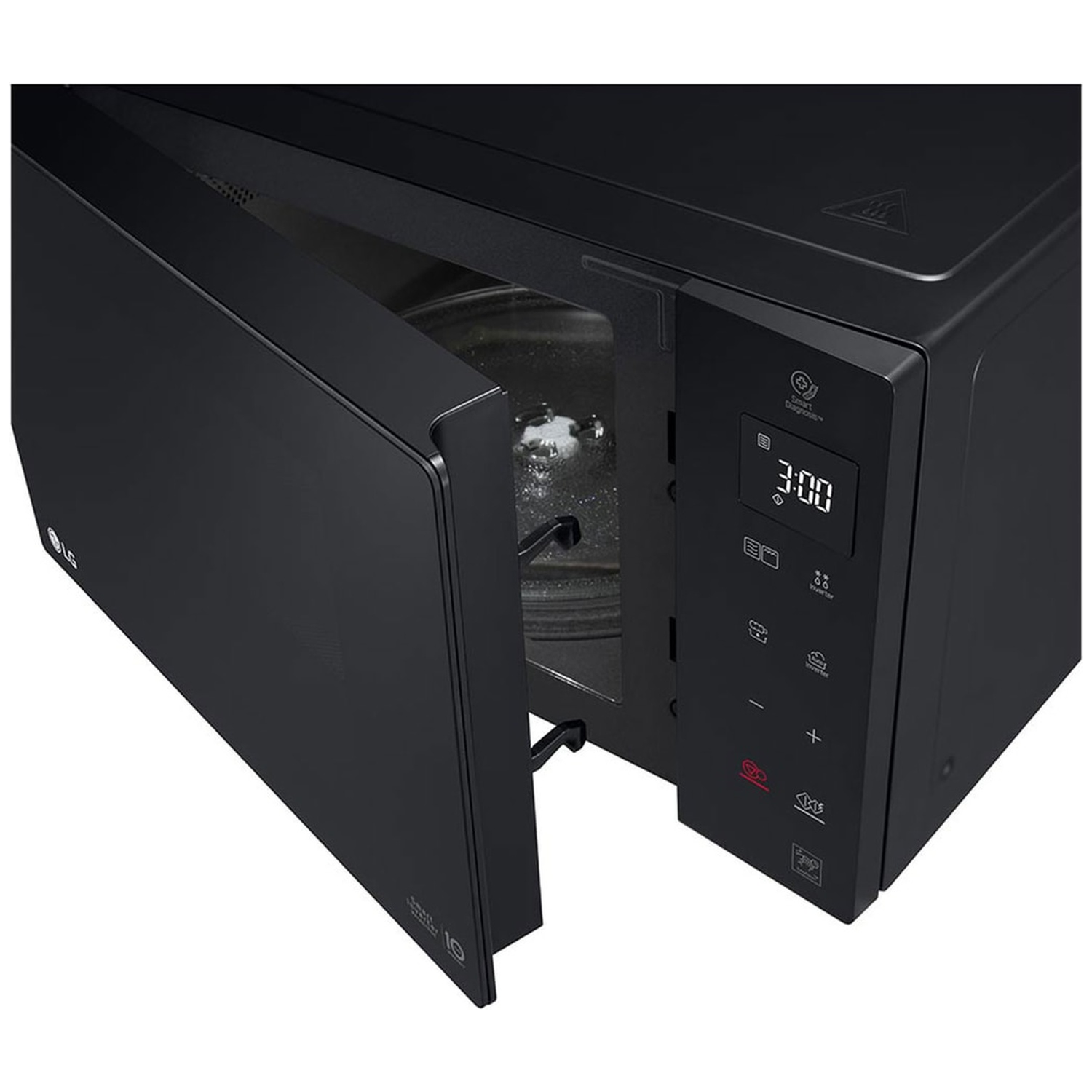 Zwarte magnetron met open deur, display toont 3:00.