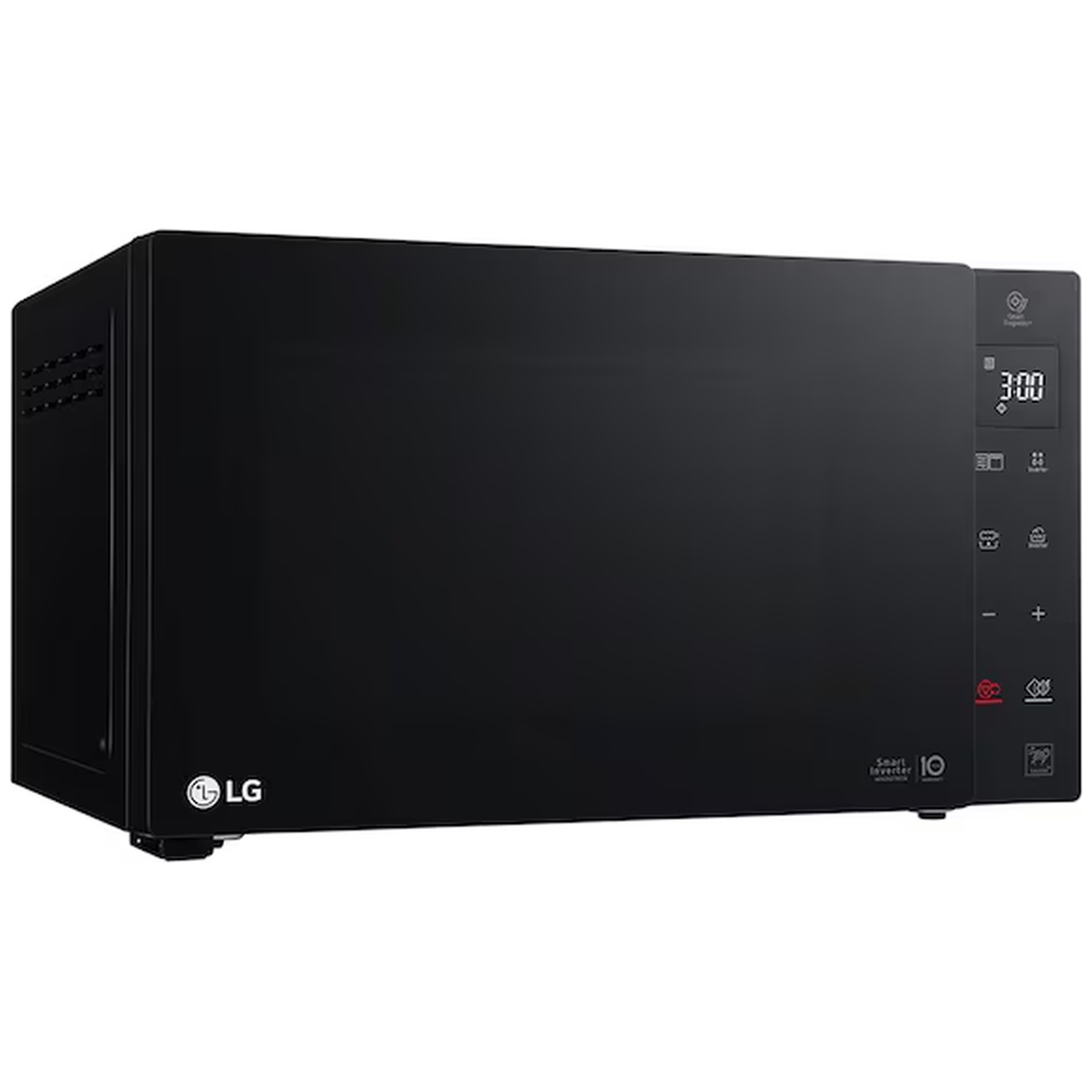 Zwarte LG magnetron met digitaal display en bedieningspaneel.