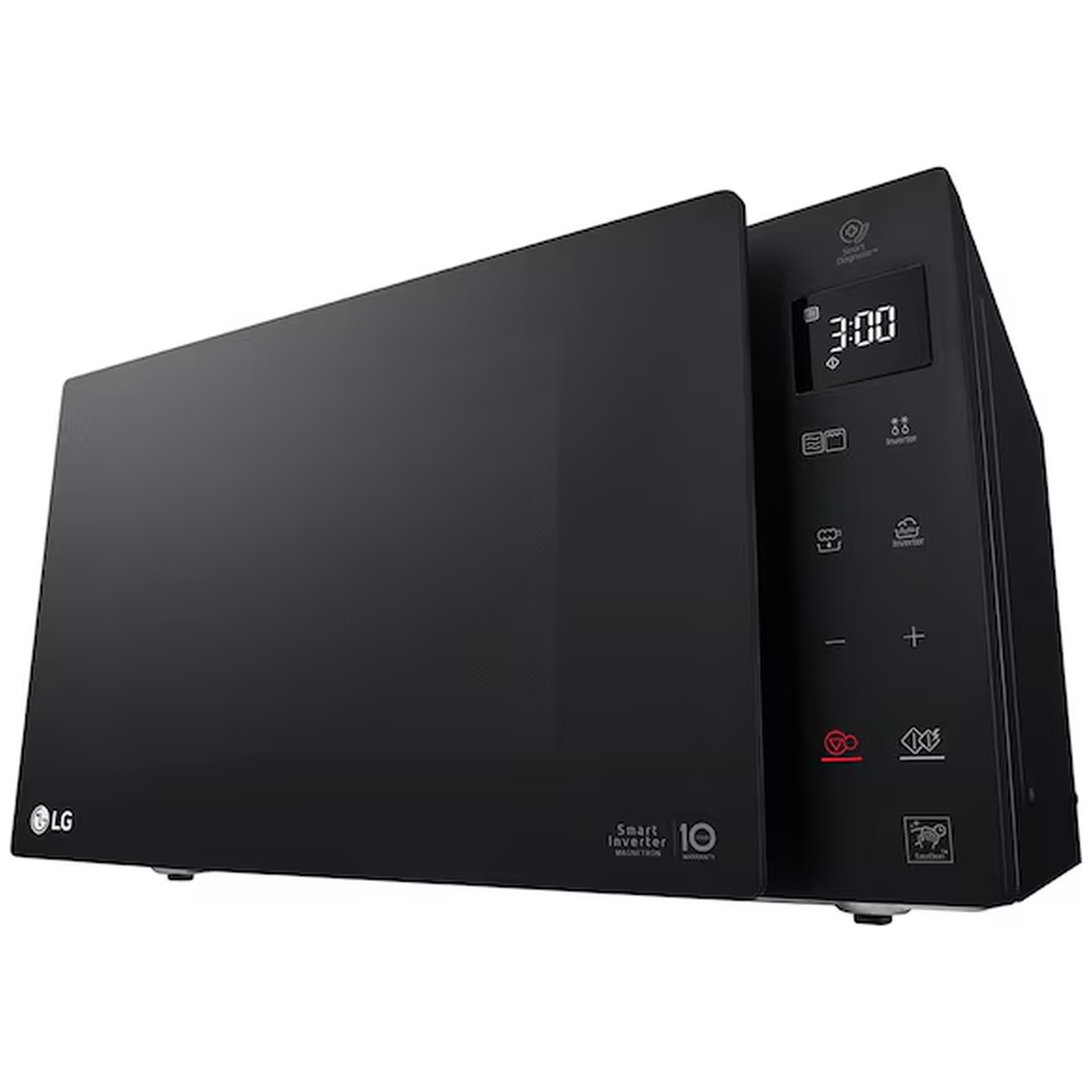 Zwarte LG magnetron met digitaal display waarop 3:00 staat.