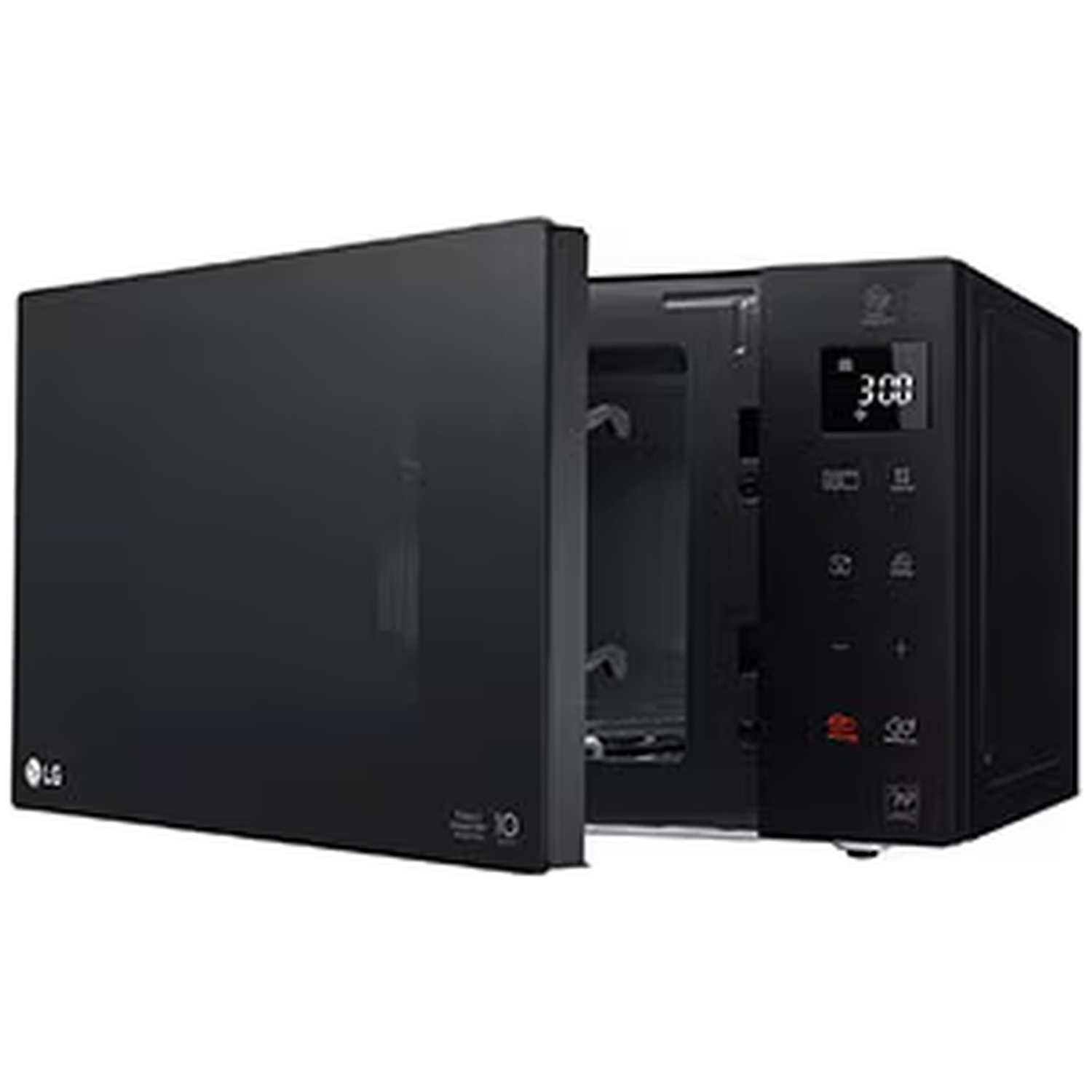 Een zwarte LG magnetron met open deur, interieur en bedieningspaneel zichtbaar.