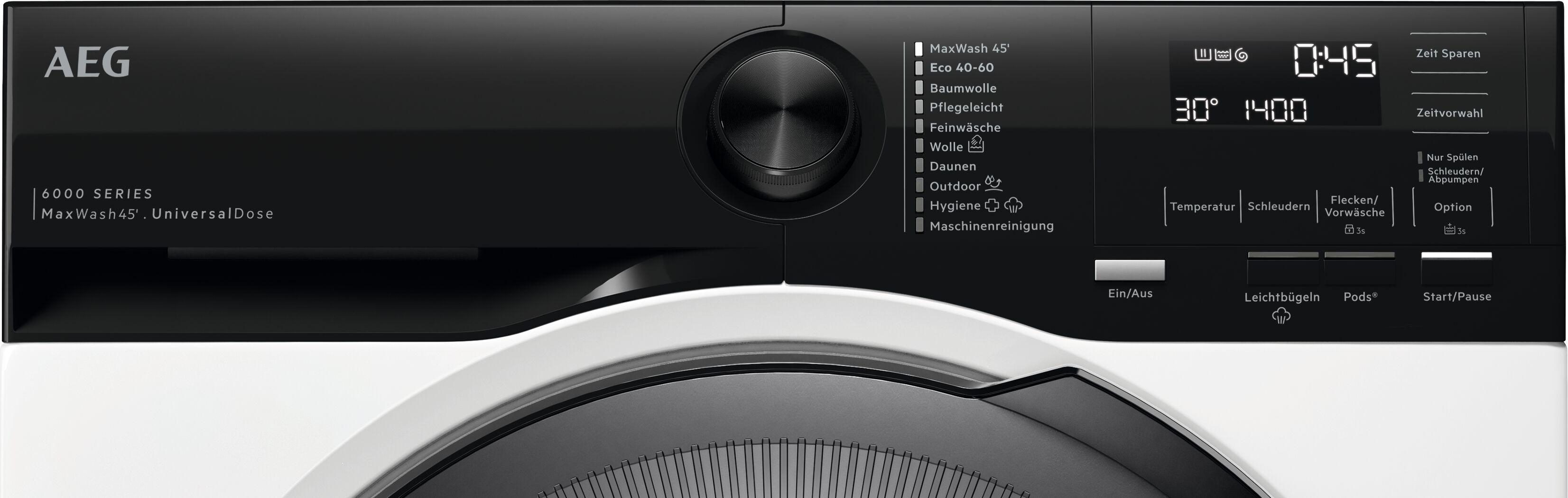 Nahaufnahme eines AEG Waschmaschinen-Bedienfelds mit Drehknopf, Display und Programmtasten.
