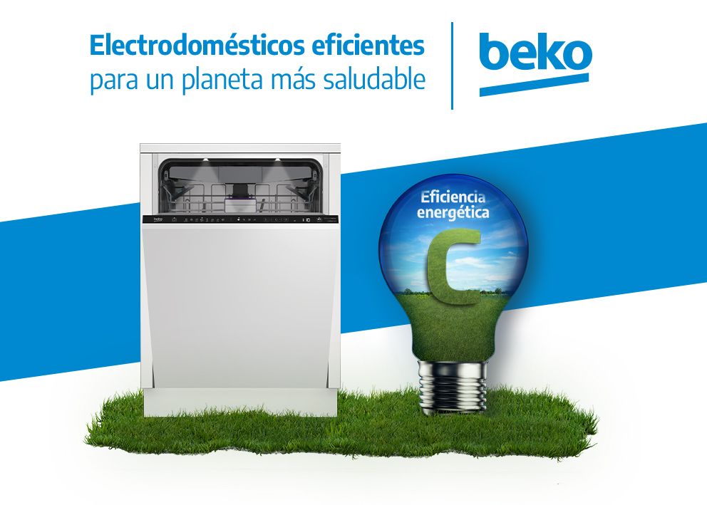 Un lavavajillas blanco junto a una bombilla con césped y una C, simbolizando la eficiencia energética.