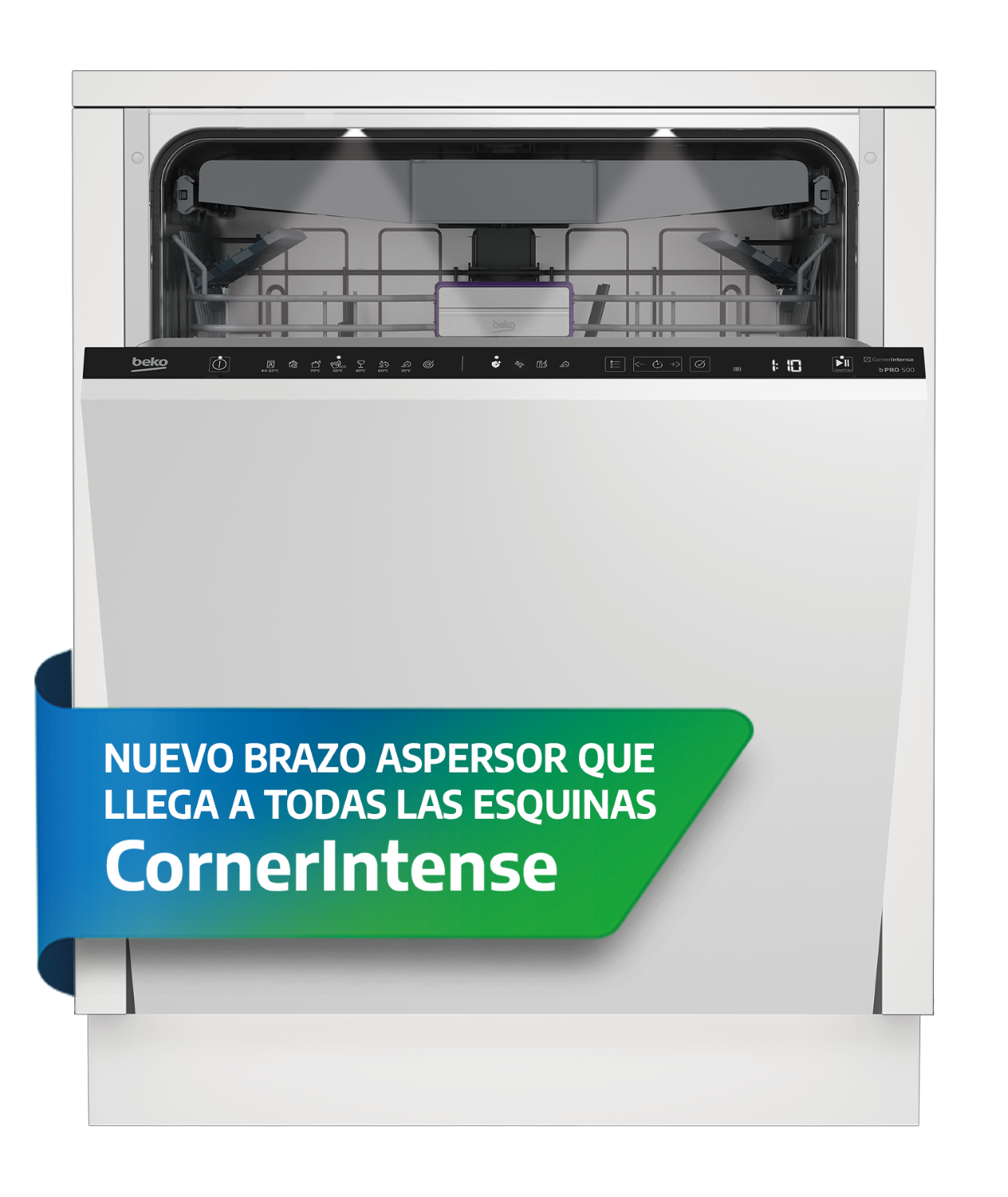 Un lavavajillas abierto con panel de control y texto 'CornerIntense'.