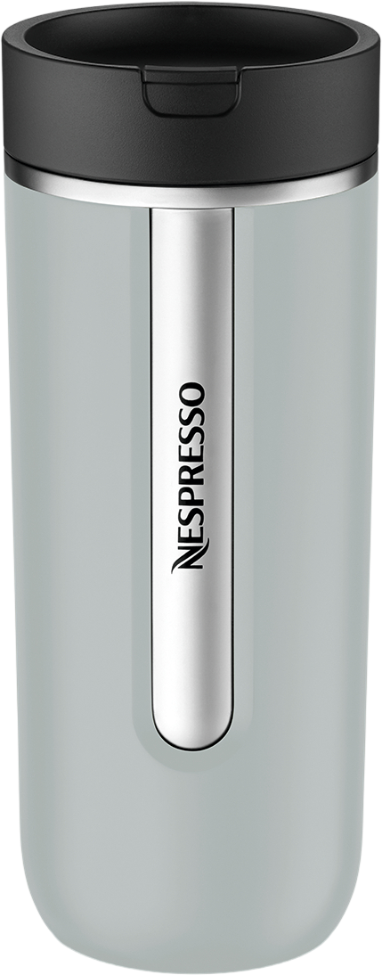 Grauer Nespresso-Becher mit schwarzem Deckel und silbernem Streifen.