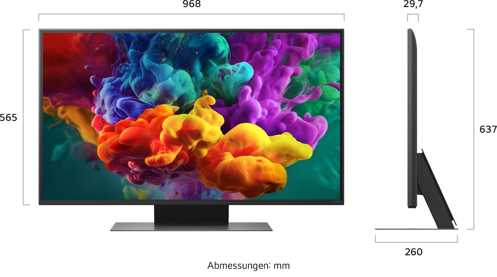 Ein Fernseher mit bunter Rauchkunst auf dem Bildschirm und Maßen.