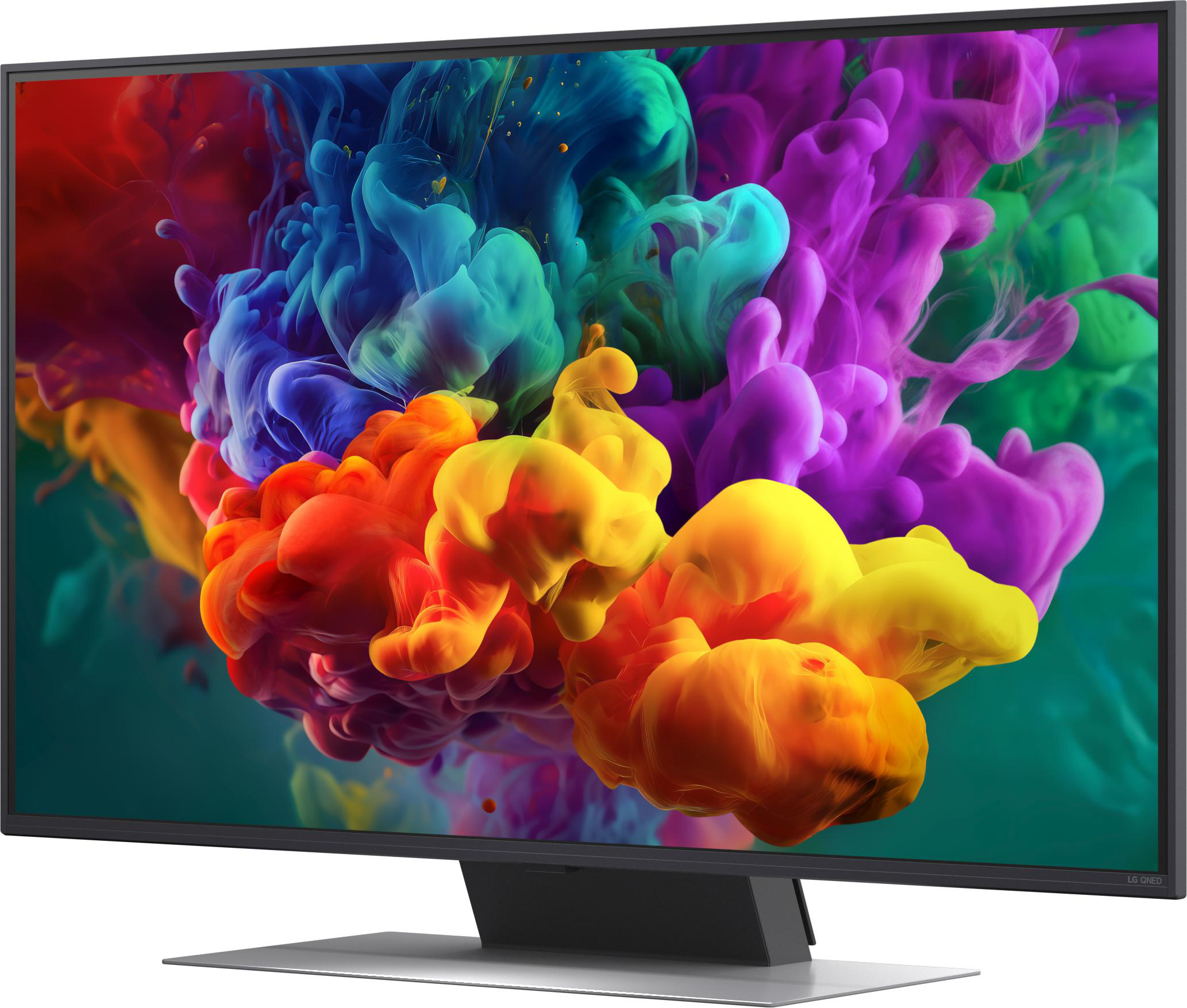 Ein moderner Fernseher zeigt bunte Rauchwolken in Orange, Gelb, Blau und Lila.