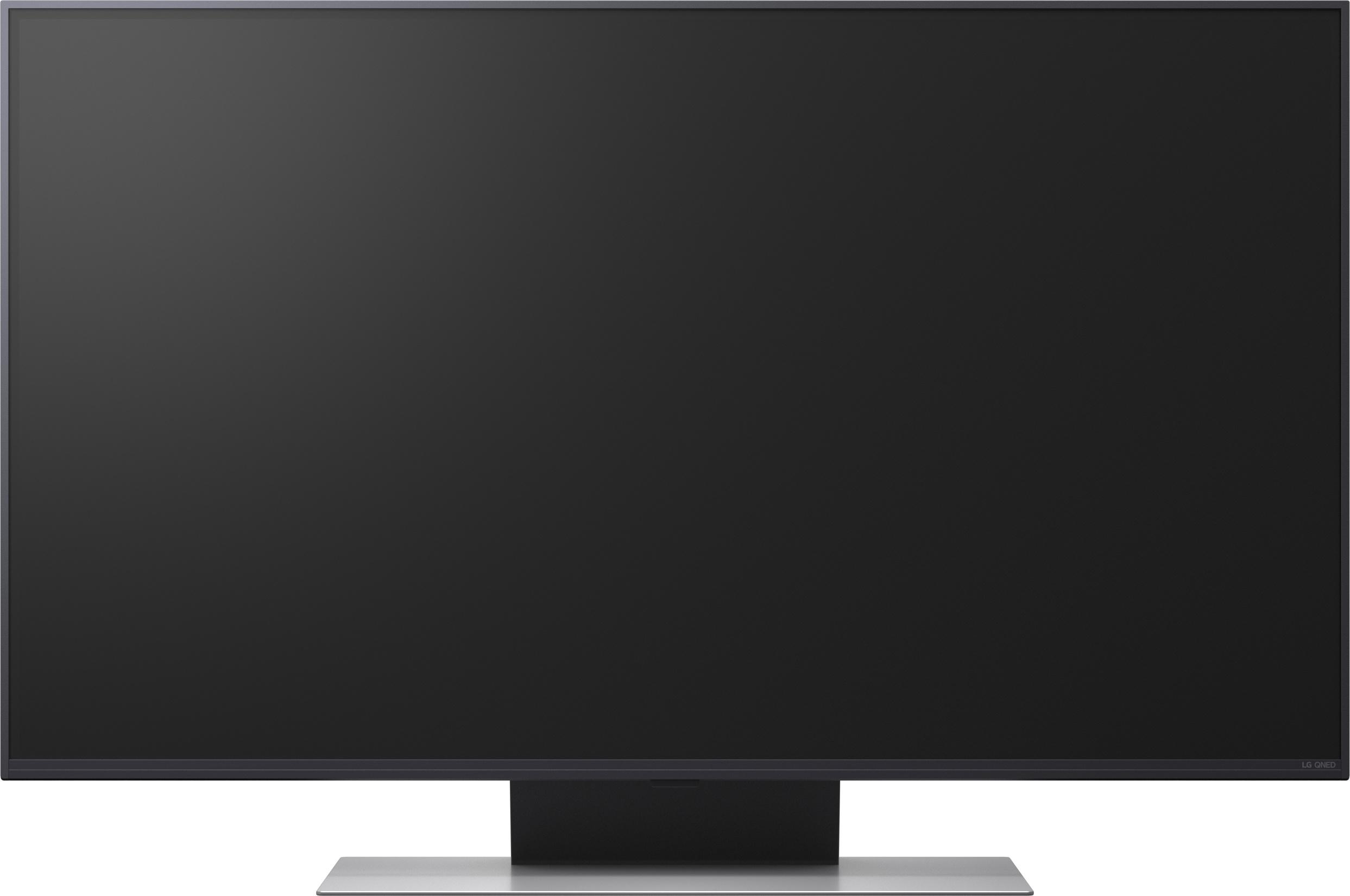 Ein moderner schwarzer LG QNED Fernseher auf einem schmalen silbernen Ständer.