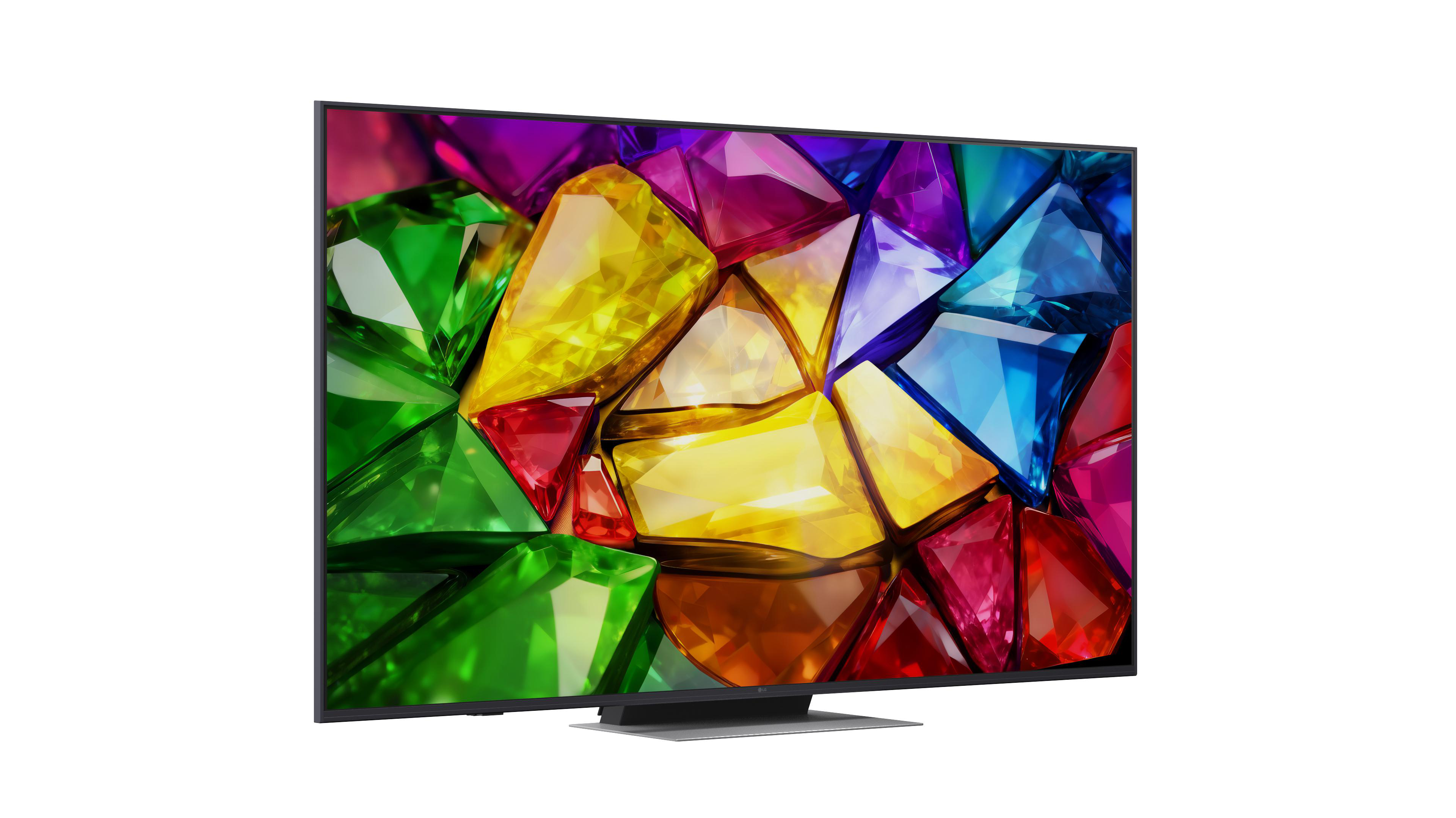Ein moderner Fernseher mit einem bunten Edelstein-Bildschirmhintergrund.