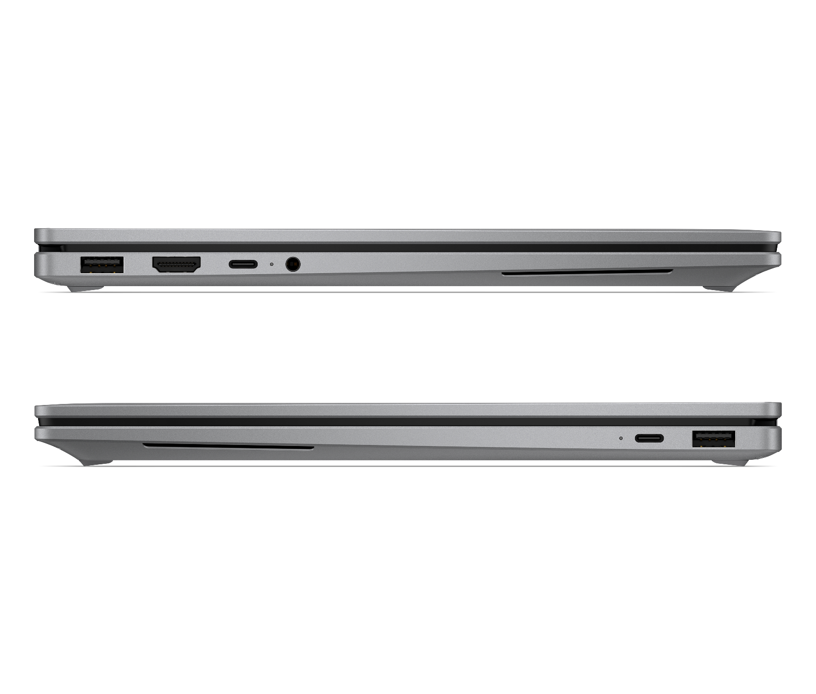 Üst: USB-A, HDMI, USB-C, ses jaklı dizüstü bilgisayar tarafı. Alt: USB-C, havalandırmalı taraf.