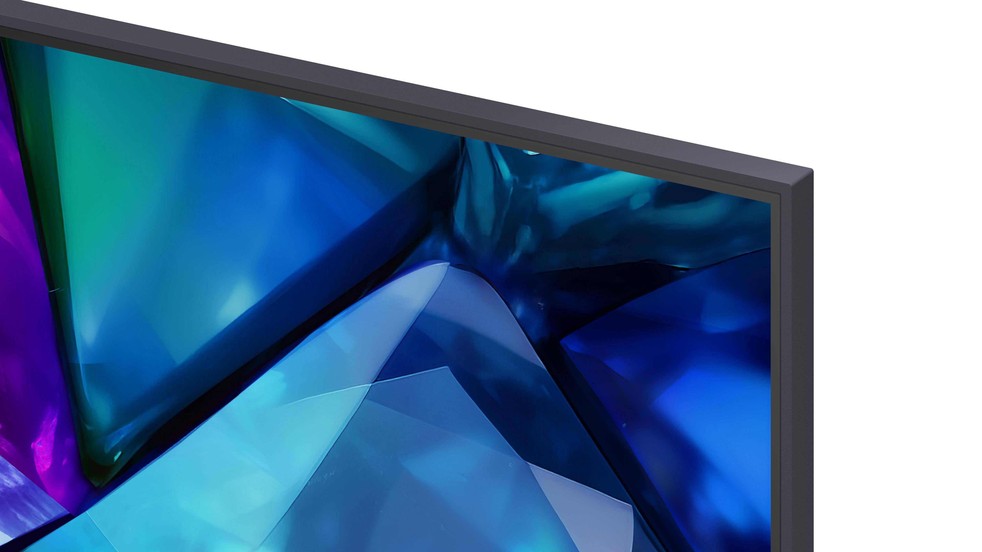 Nahaufnahme einer dunkelgrauen Blende auf einem Bildschirm mit abstrakten blauen und violetten Formen.