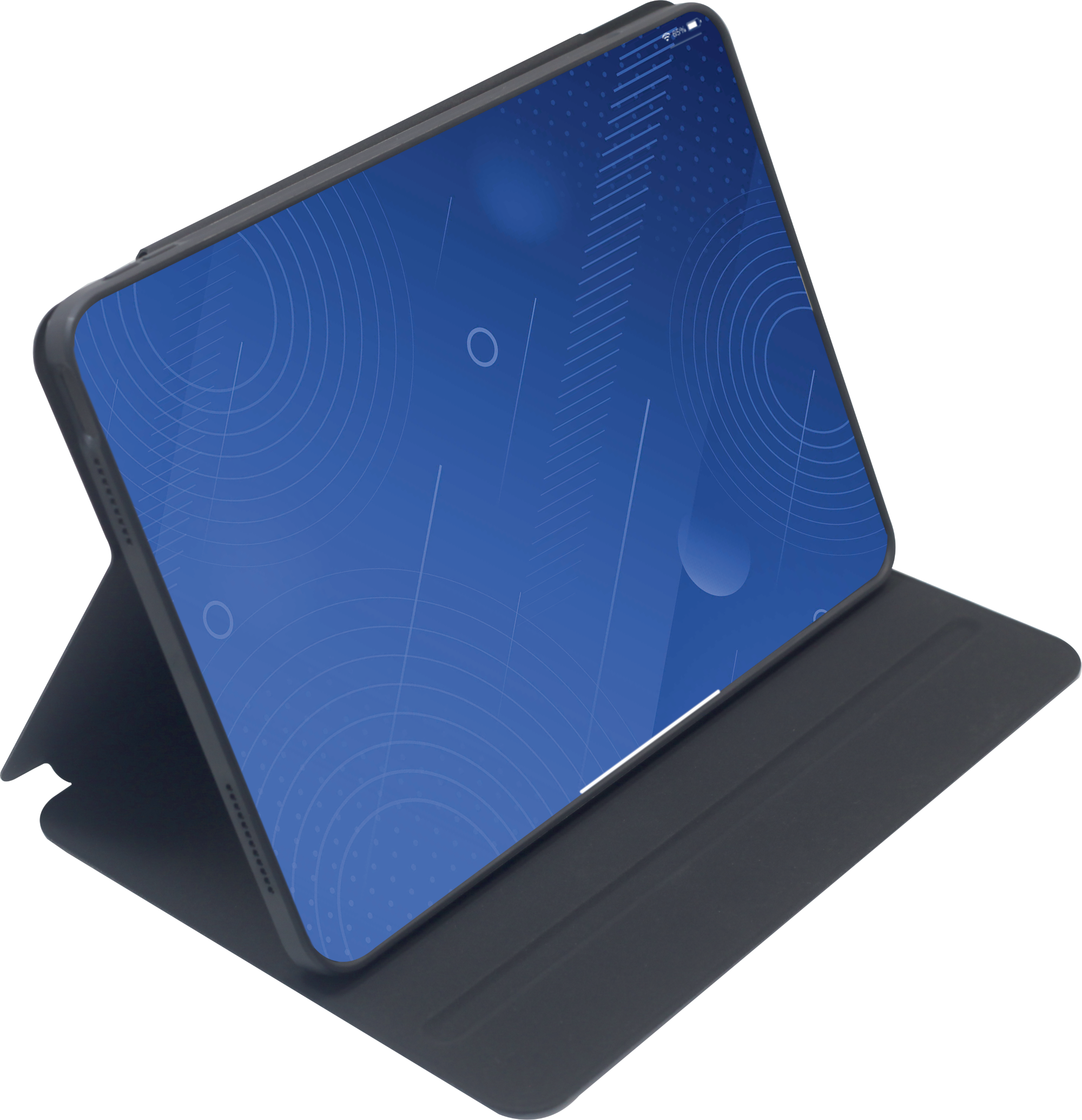 Egy tablet sötétszürke tokban, kék háttérrel.