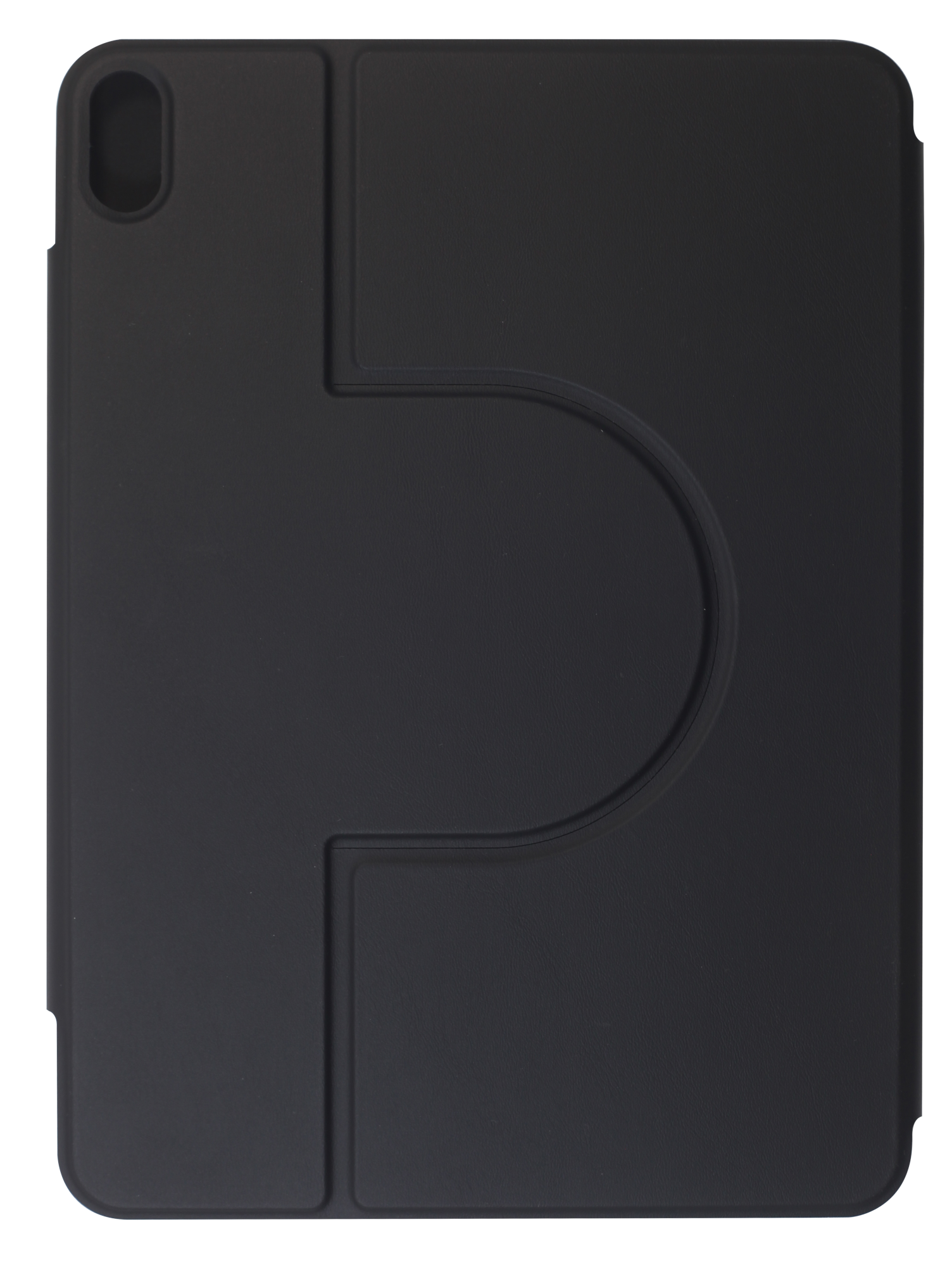 Fekete tablet tok kivágással a kamerának és hajtogatott fedéllel. Minimalista.