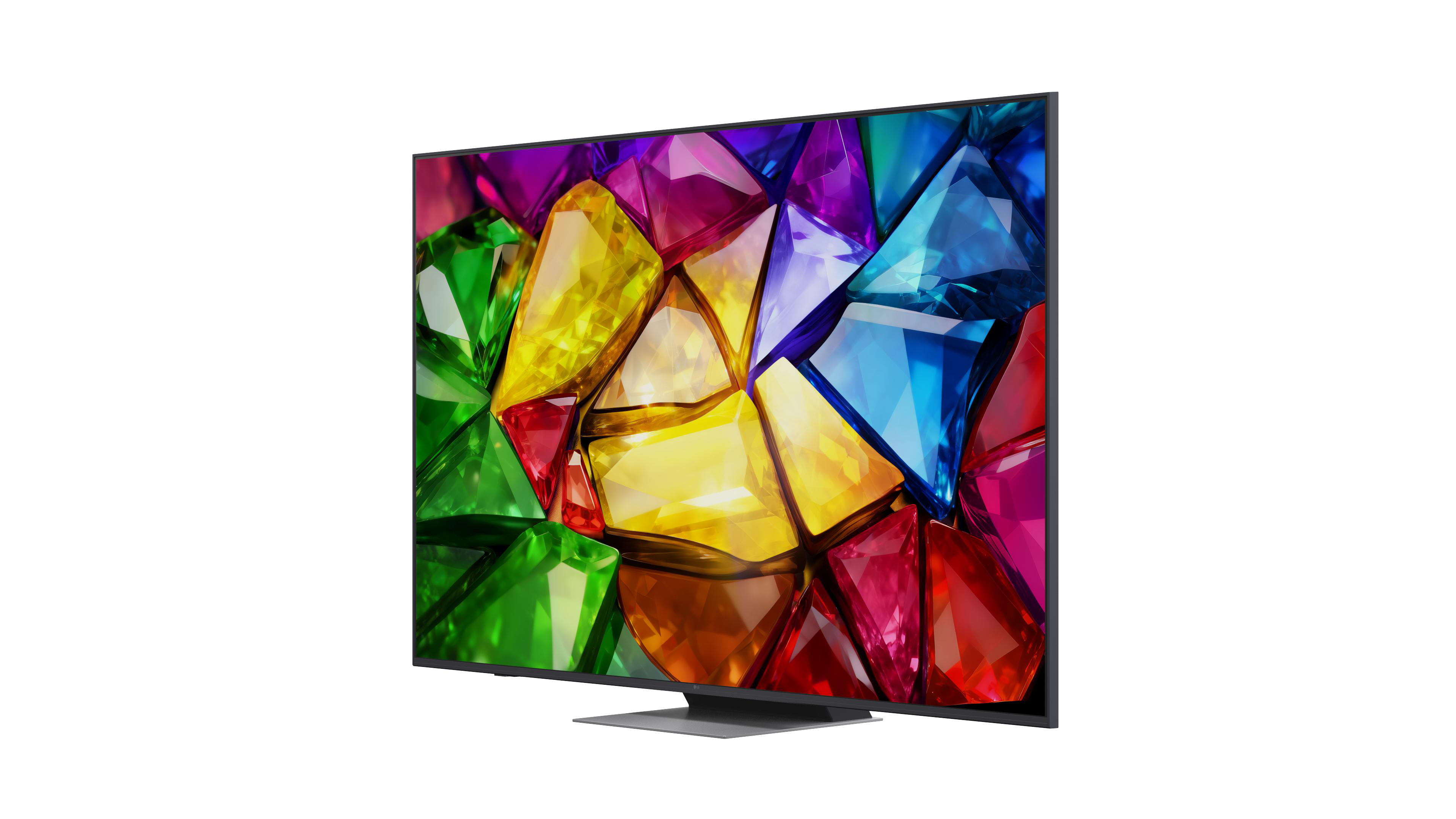 Ein moderner Fernseher mit einem farbenfrohen Edelsteinmuster auf dem Bildschirm.