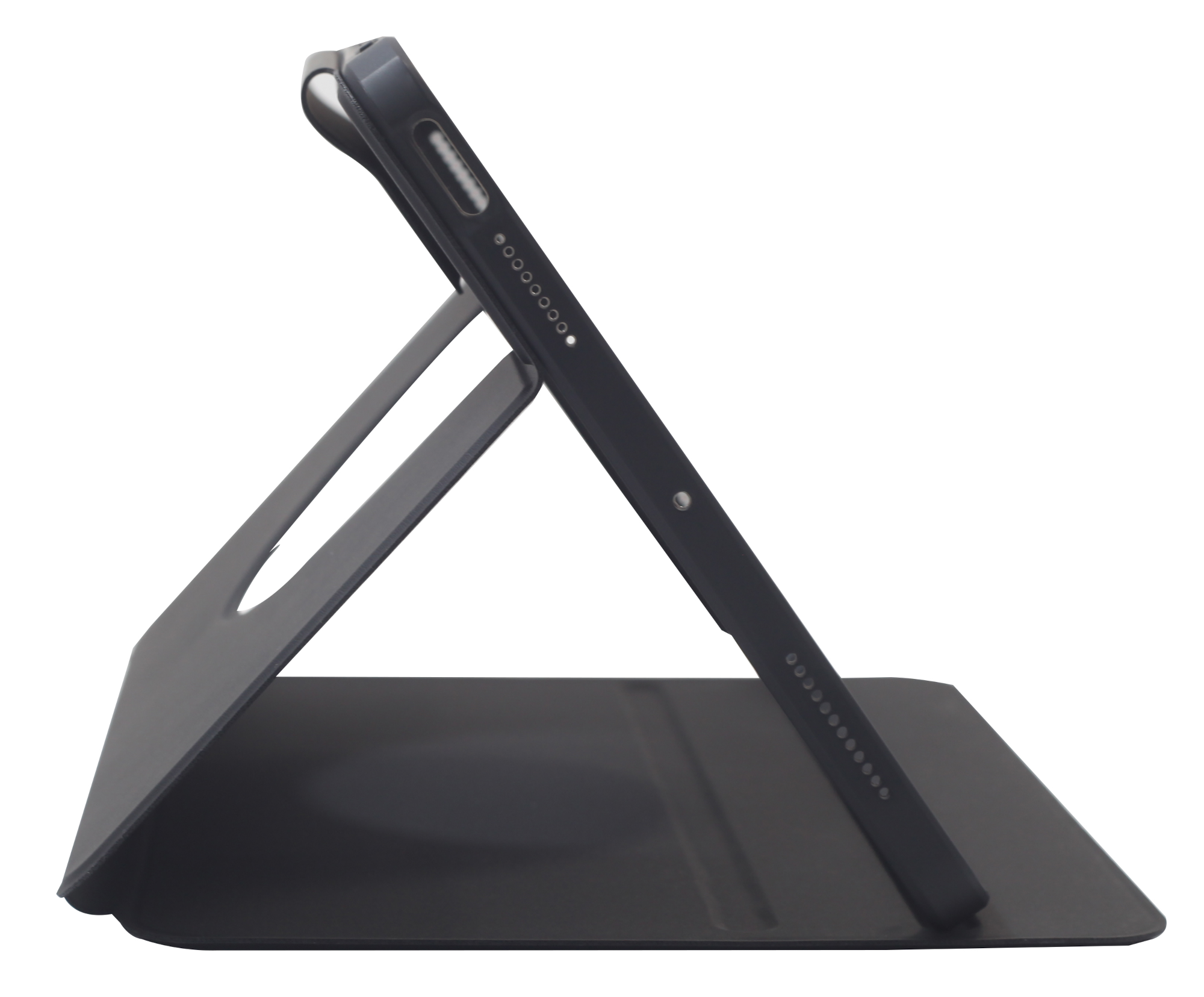 Egy fekete tablet állványon, oldalról nézve, fehér háttéren.