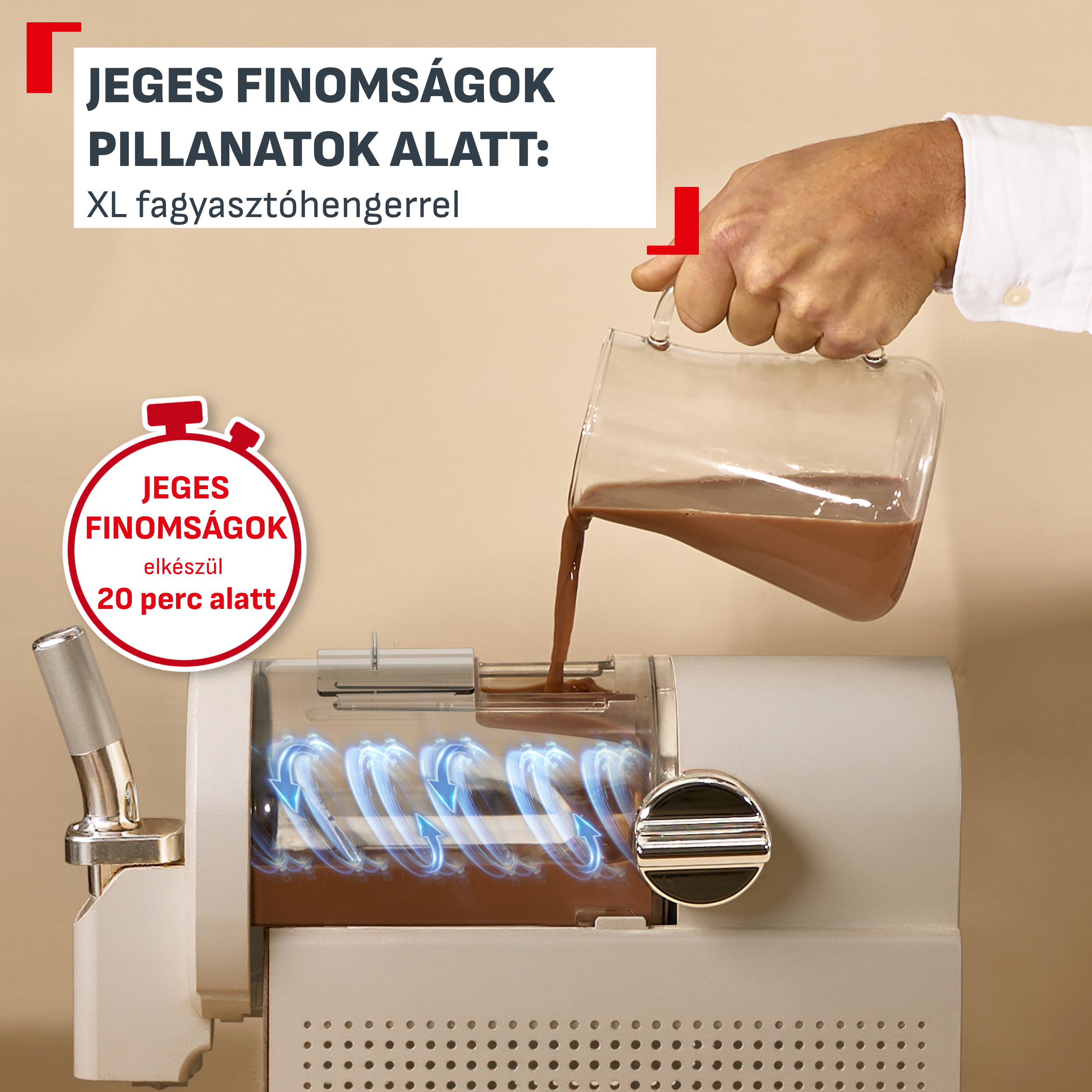 Folyékony csokoládé ömlik fagylaltgépbe. Piros embléma stoppert mutat.