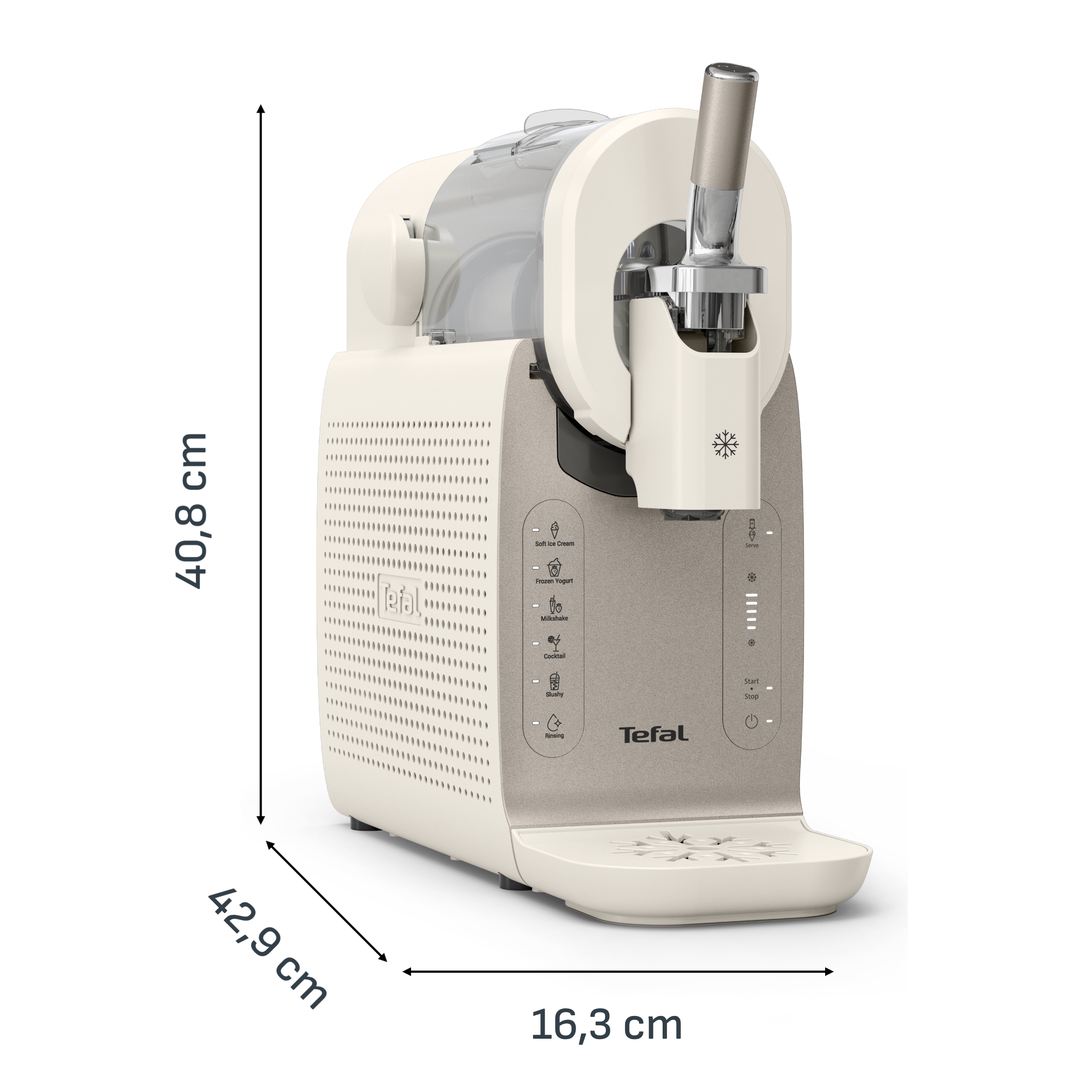 Egy krémszínű Tefal fagylaltgép vezérlőgombokkal és méretekkel.