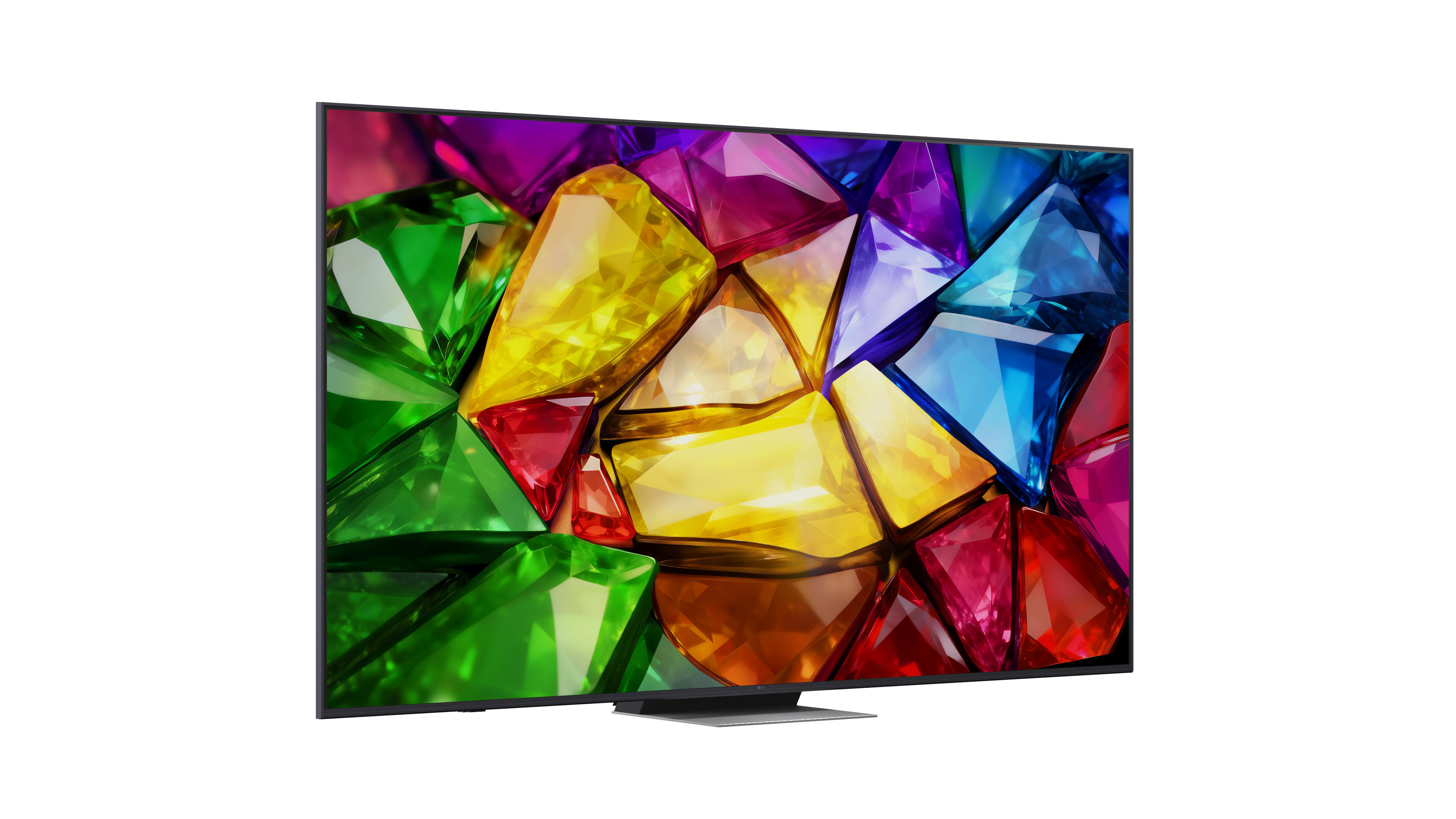 Ein moderner Fernseher zeigt ein Kaleidoskop aus bunten Edelsteinen.
