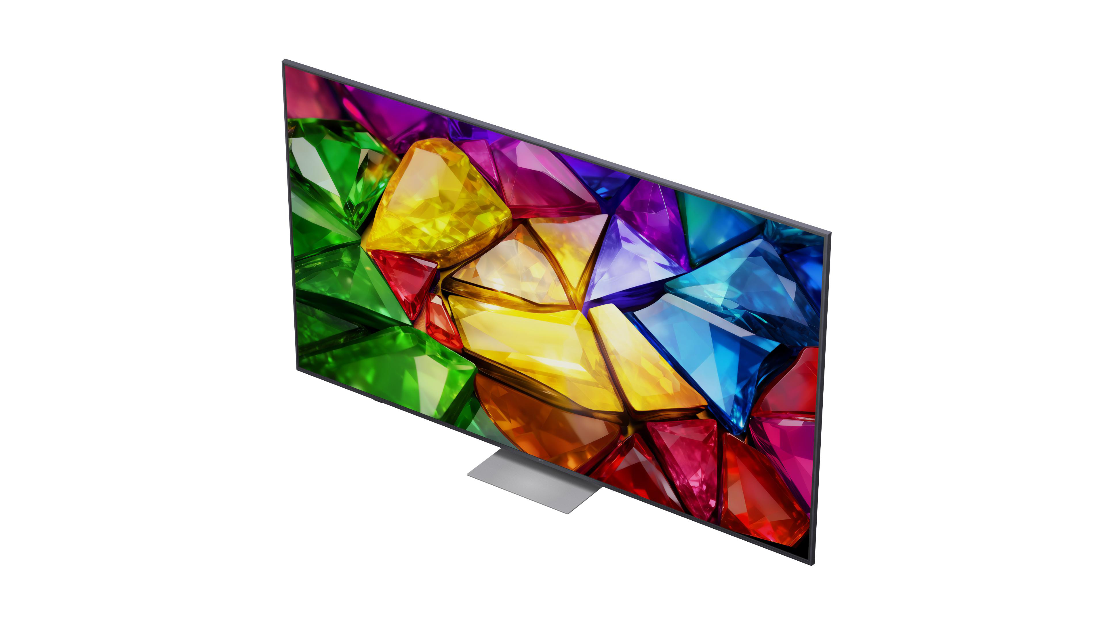 Ein moderner Fernseher mit einem bunten Edelsteinmotiv auf dem Bildschirm.