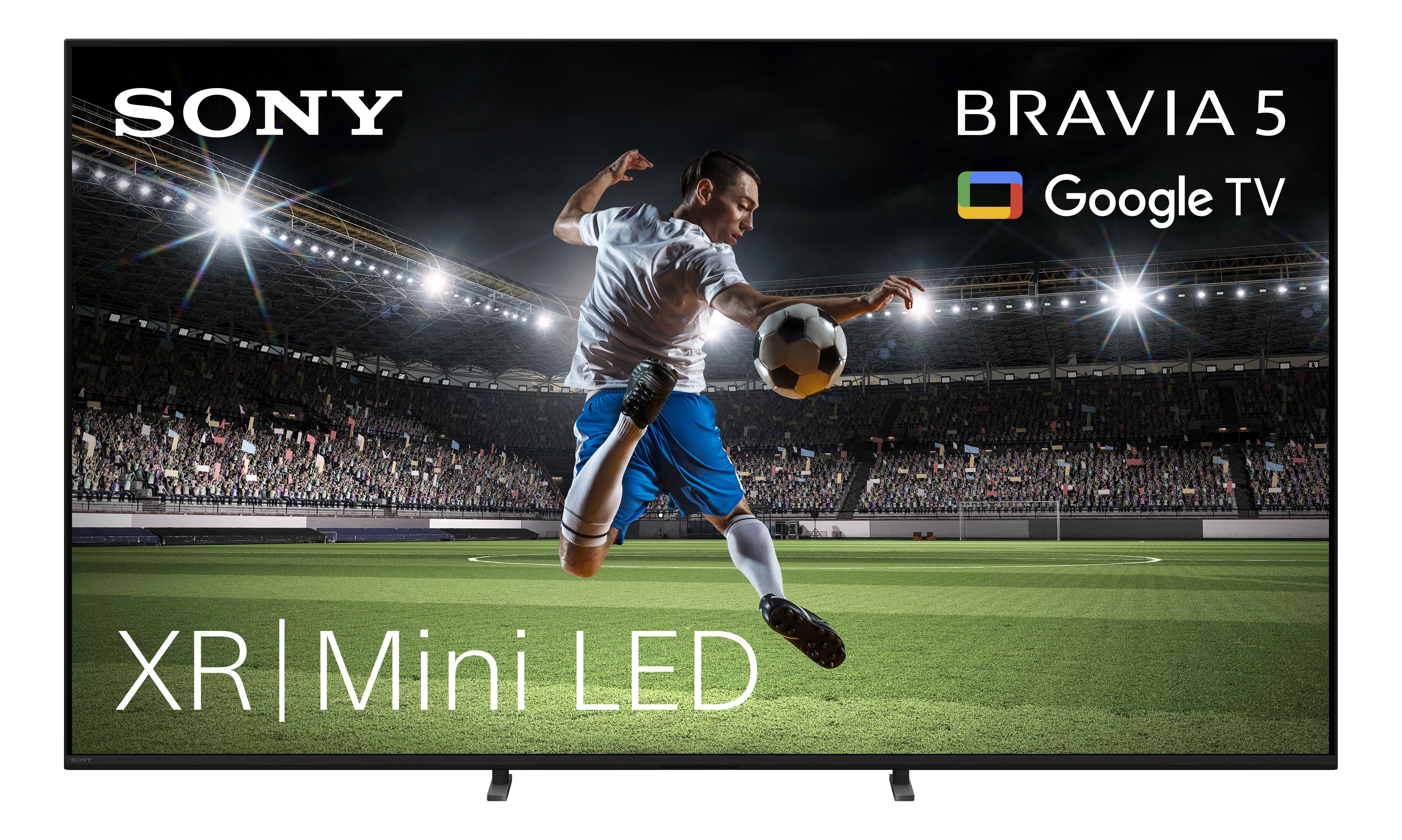 Sony Bravia 5 Fernseher mit Google TV zeigt Fußballspieler im Stadion, XR Mini LED.