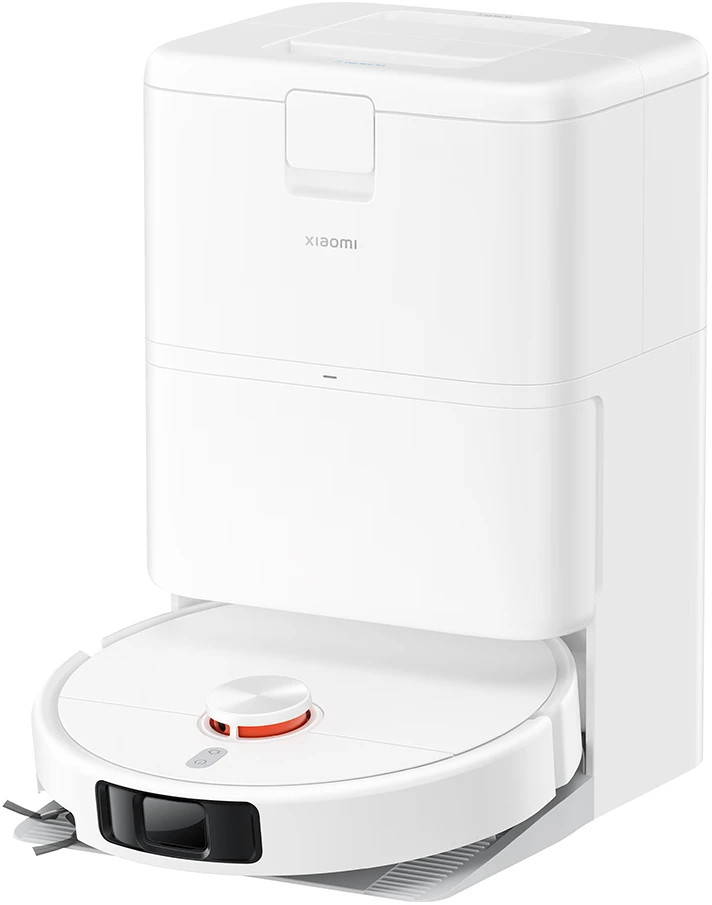 Aspirateur robot blanc avec station de charge, logo Xiaomi visible.