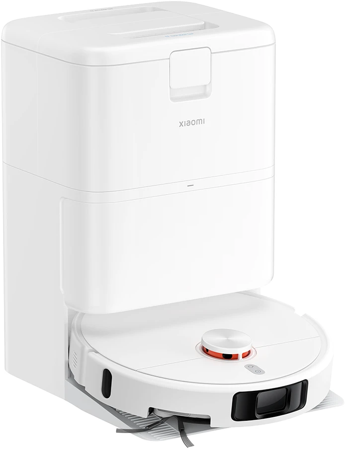 Un robot aspirateur Xiaomi blanc avec station de charge.