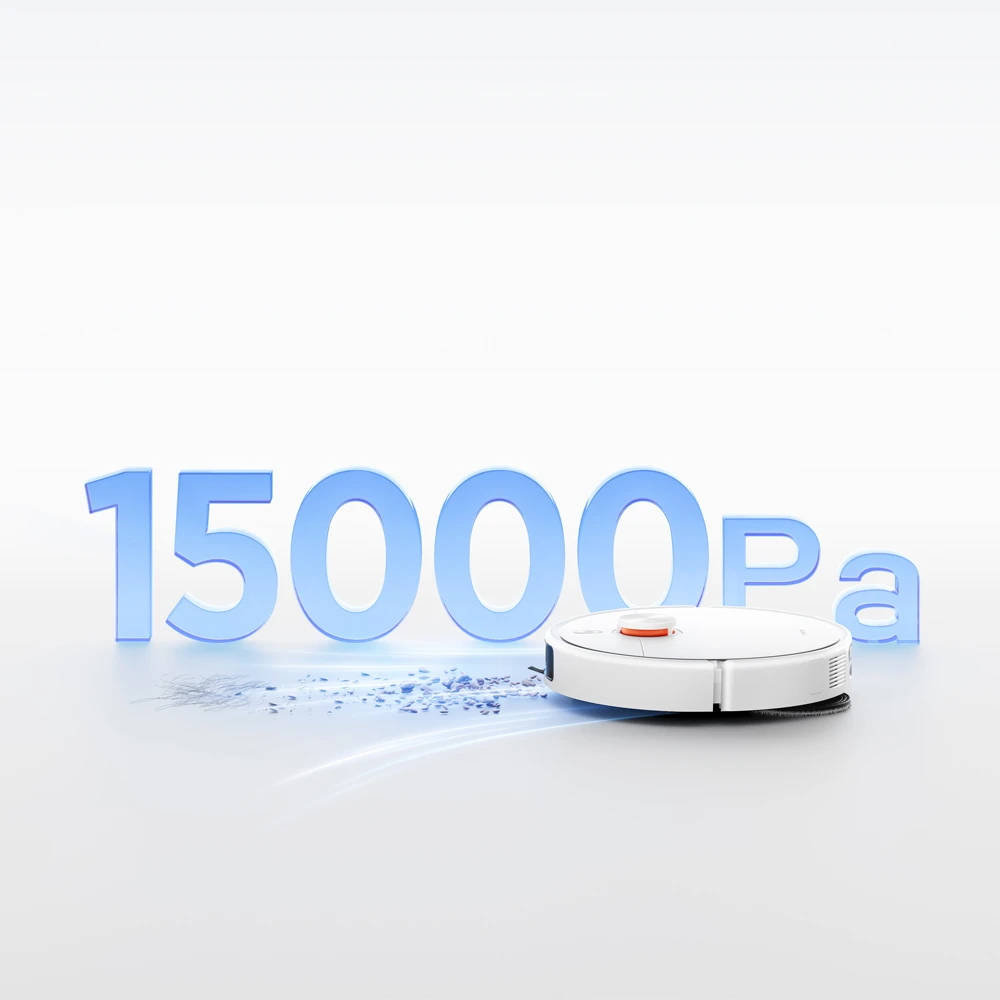 Un robot aspirateur blanc nettoie des débris à côté de chiffres 3D bleus 15000 Pa.