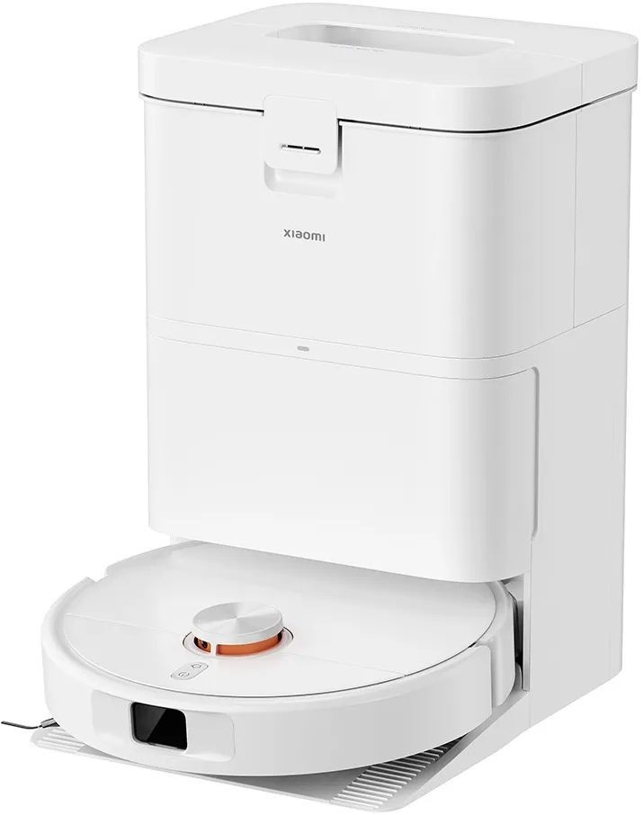 Ein weißer Xiaomi Saugroboter mit Ladestation, vorne links.