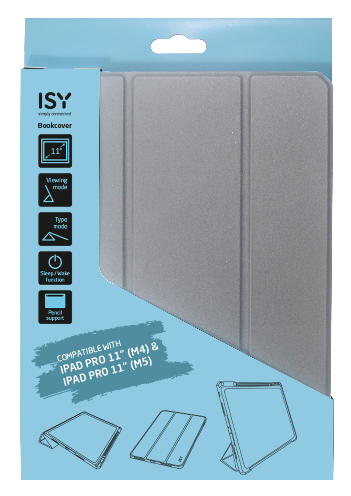 Szürke ISY könyvtok 11" iPad Pro-hoz, módokat és ceruza tartót mutat.
