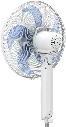 Ein weißer Standventilator mit blauen Rotorblättern und einem Metallschutzgitter.