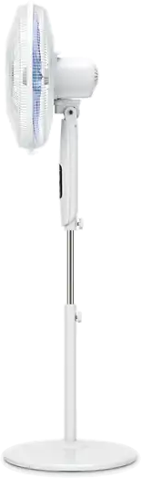 Ein weißer Standventilator mit verstellbarem Kopf und runder Basis.