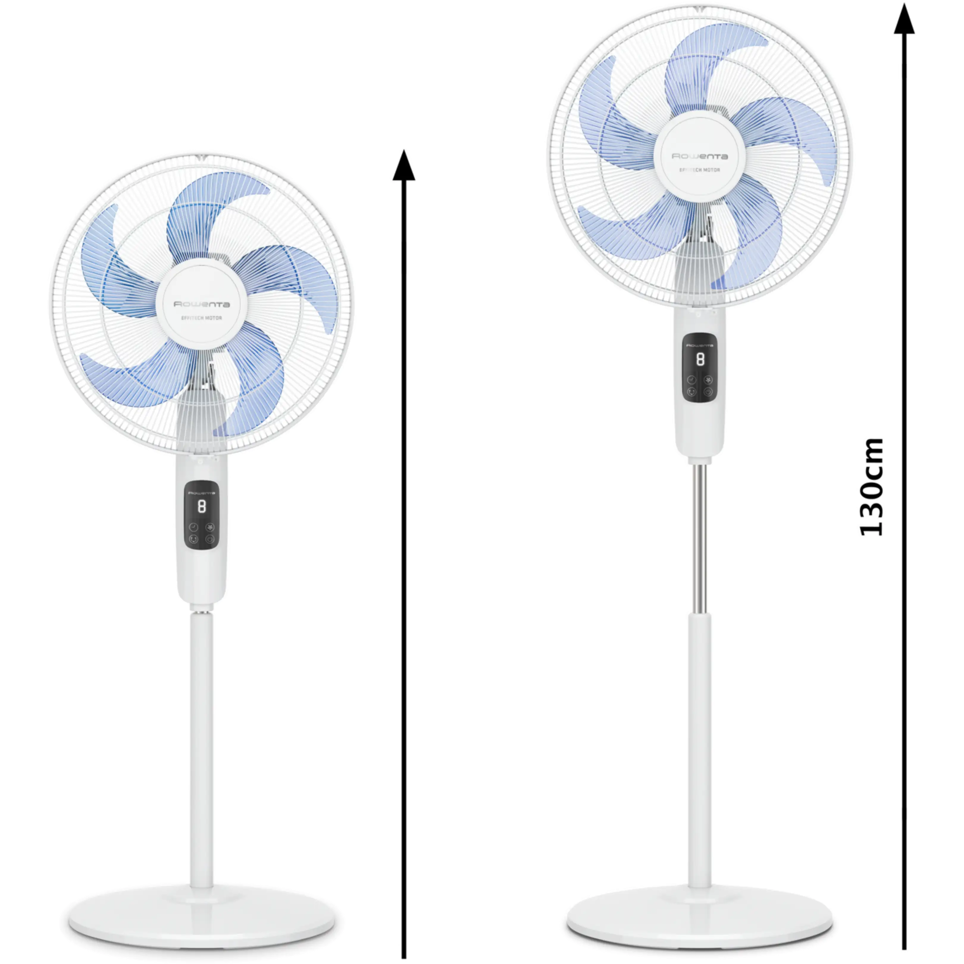 Zwei weiße Standventilatoren mit blauen Rotorblättern. Einer ist 130 cm hoch.
